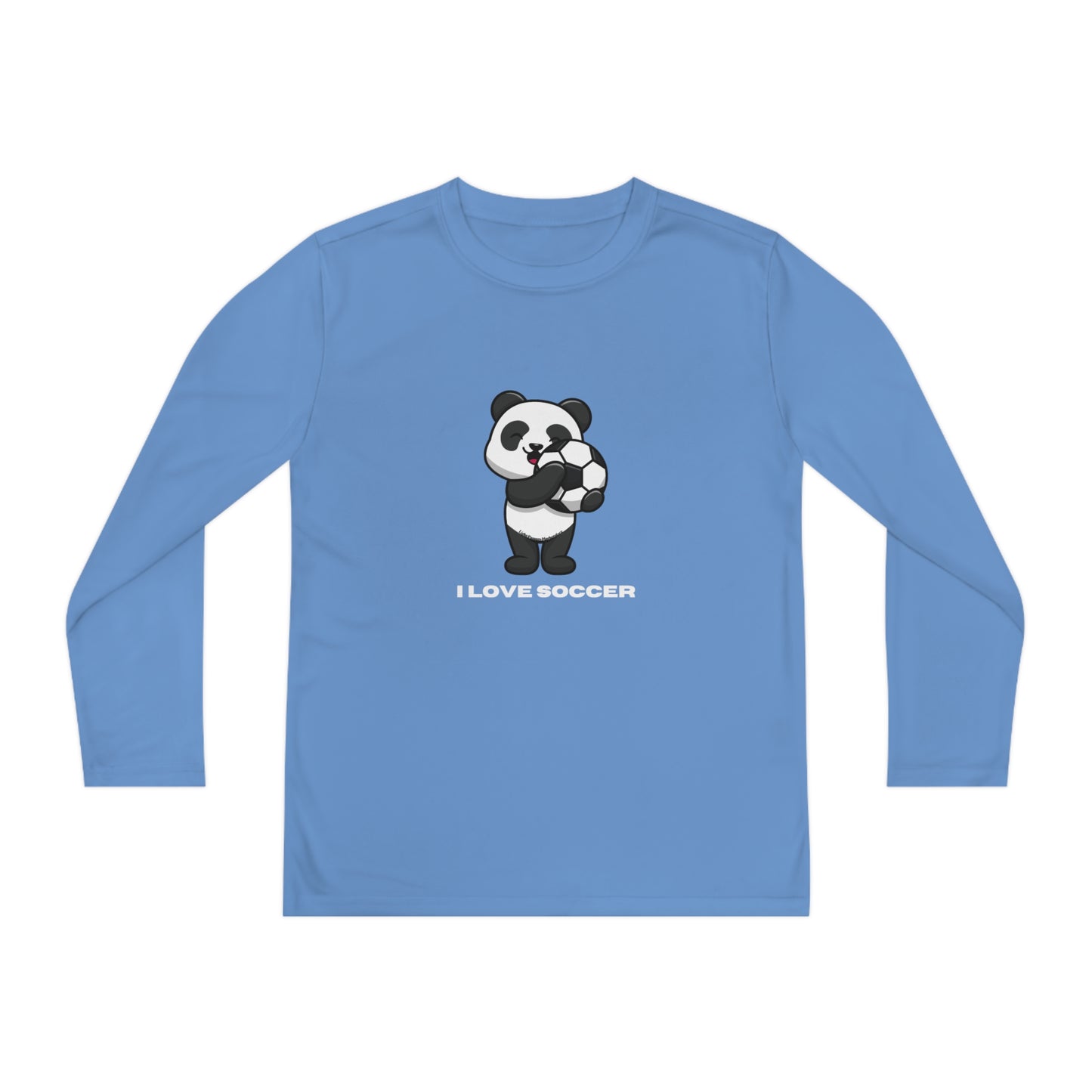 Youth Long Sleeve - Panda Says I Love Soccer, featuring a cartoon panda with a football, on a moisture-wicking polyester shirt for young soccer fans.