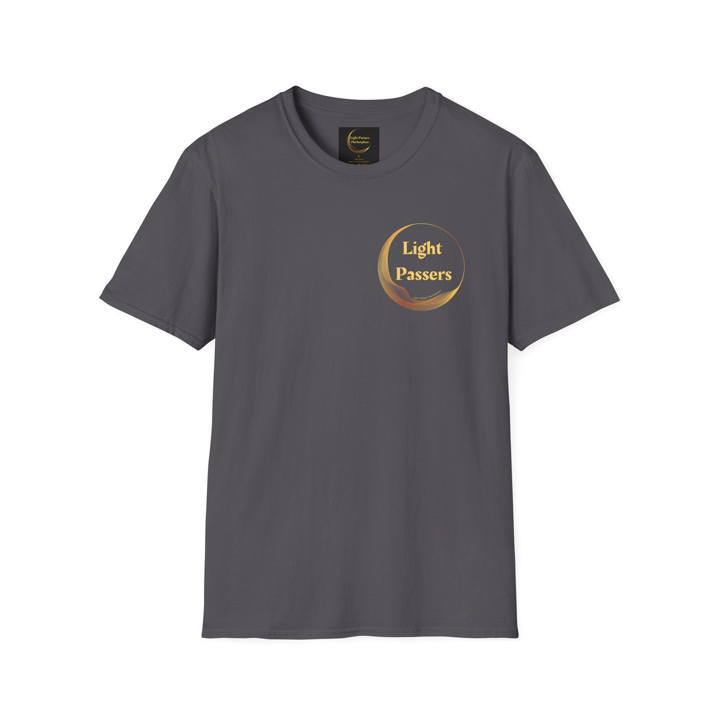 A grey unisex t-shirt featuring a logo on the front and back. Made of 100% cotton, no side seams, and tape on shoulders for durability. Classic fit, tear-away label.