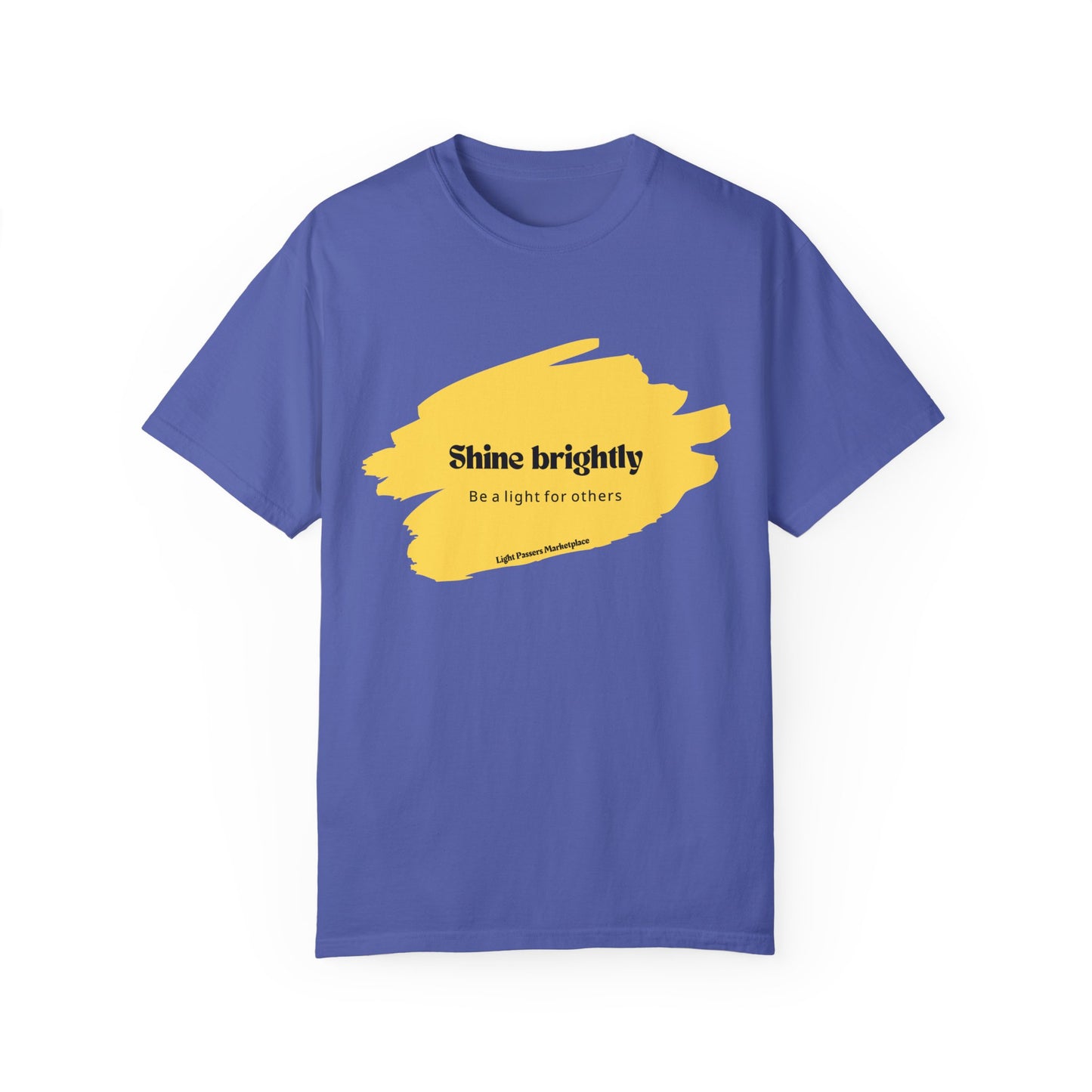 The Light Shine Brightly for Others Inspirational Design Adult Unisex T-shirt features a relaxed fit, crew neckline, and yellow text on a blue fabric.