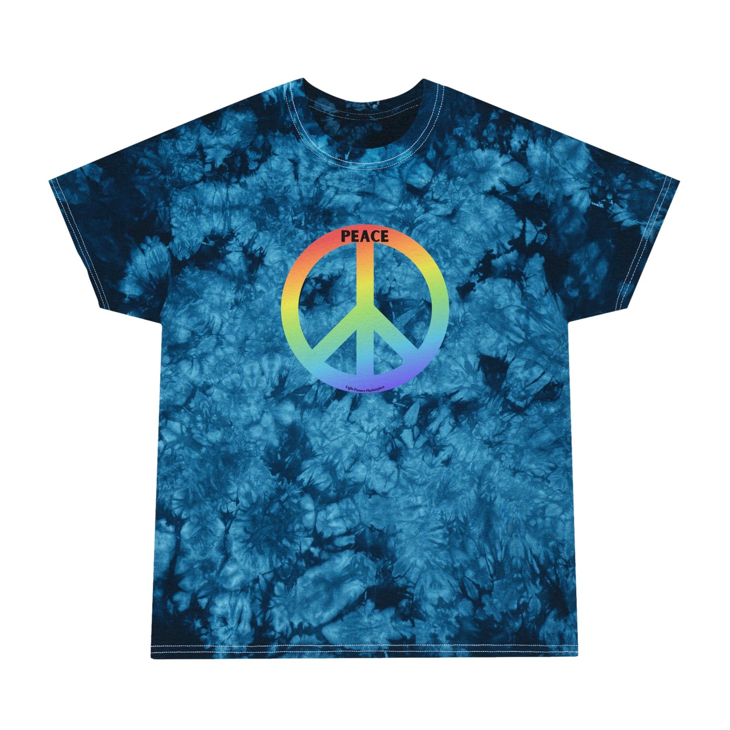 Blue tie-dye T-shirt with rainbow peace symbol and PEACE text, inspired by 60s-70s style, promoting peace and community.