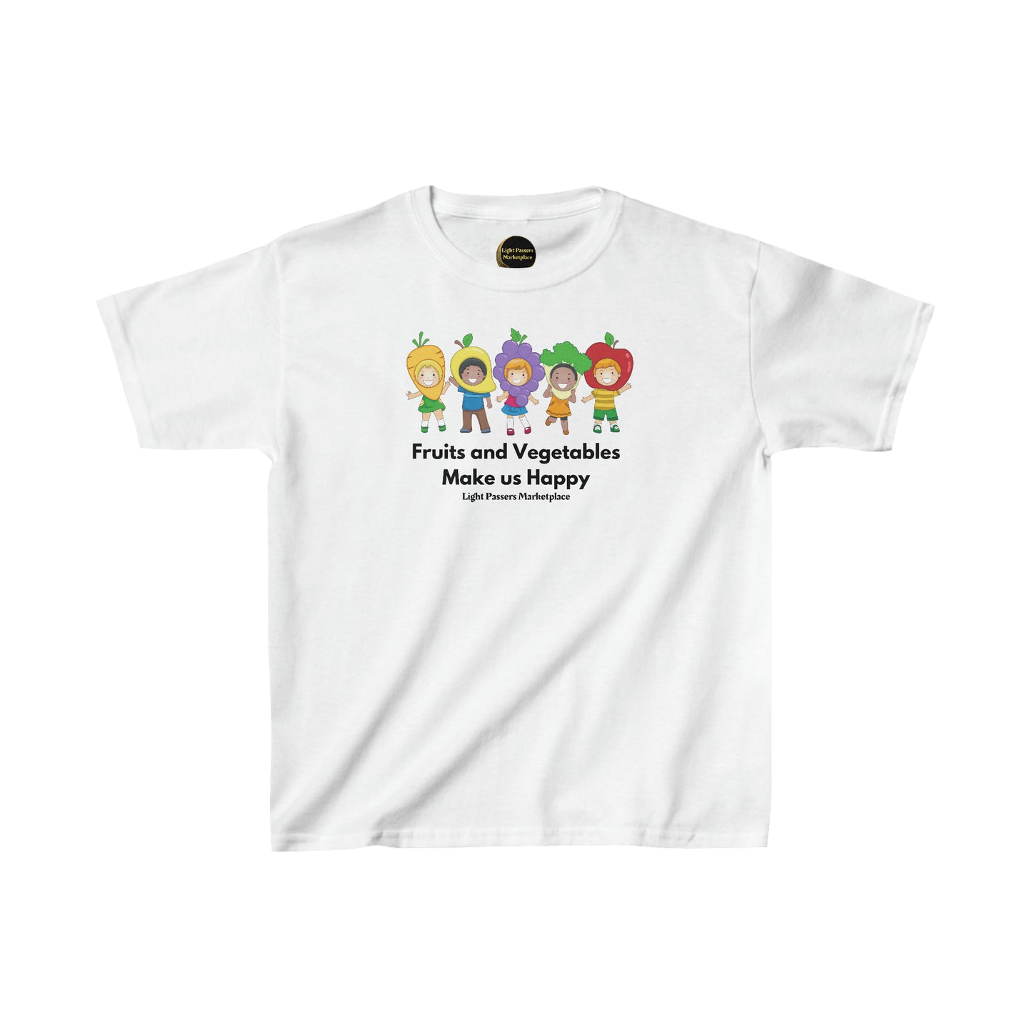 Youth white t-shirt featuring cartoon characters like a girl in flower clothes and a boy with an apple headband. Made of 100% cotton, durable twill tape shoulders, and ribbed collar for comfort.