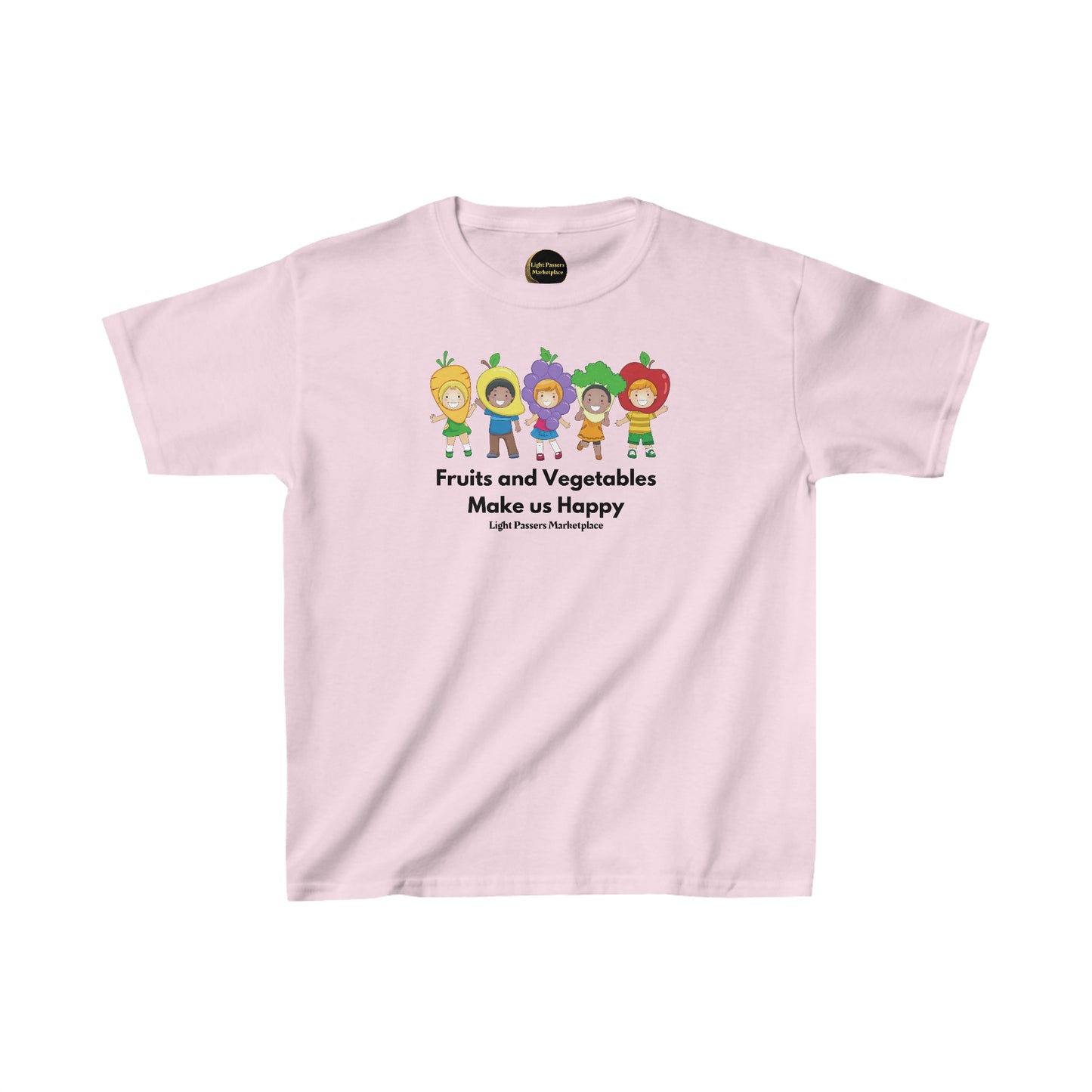 Youth t-shirt featuring cartoon characters of kids in fruit-themed clothing. Made of 100% cotton for solid colors, with twill tape shoulders for durability and ribbed collar for curl resistance. Ethically sourced US cotton.