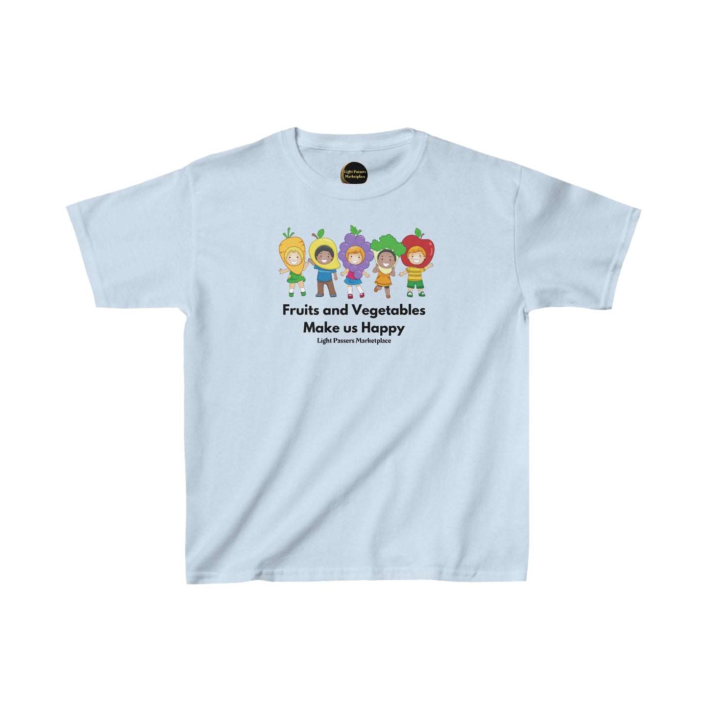 Youth t-shirt featuring cartoon characters of kids in fruit clothing. Made of 100% US cotton, with twill tape shoulders for durability and curl-resistant collar. Ethically sourced and Oeko-Tex certified for quality.