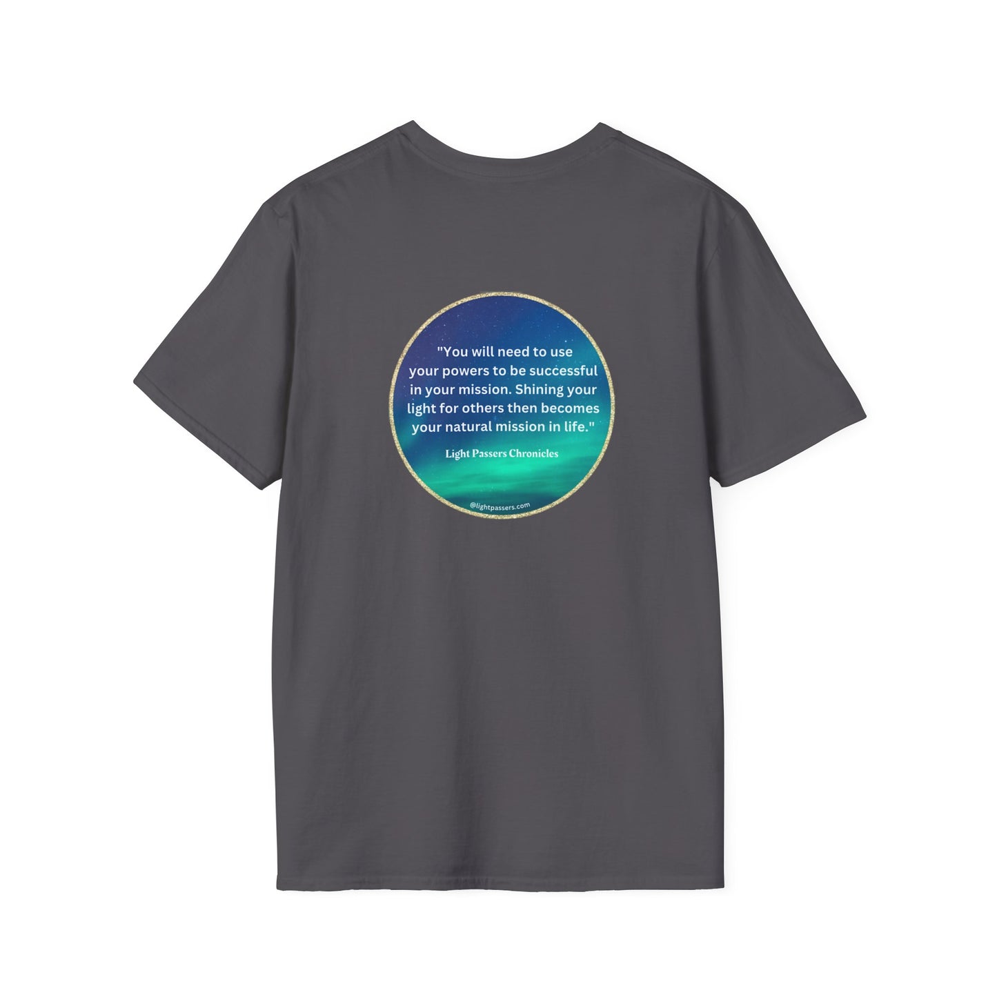 Unisex heavy cotton tee featuring Light Passers Logo on the front and a plain back. Smooth surface for vivid printing, no side seams, and tape on shoulders for durability. Classic fit, 100% cotton.