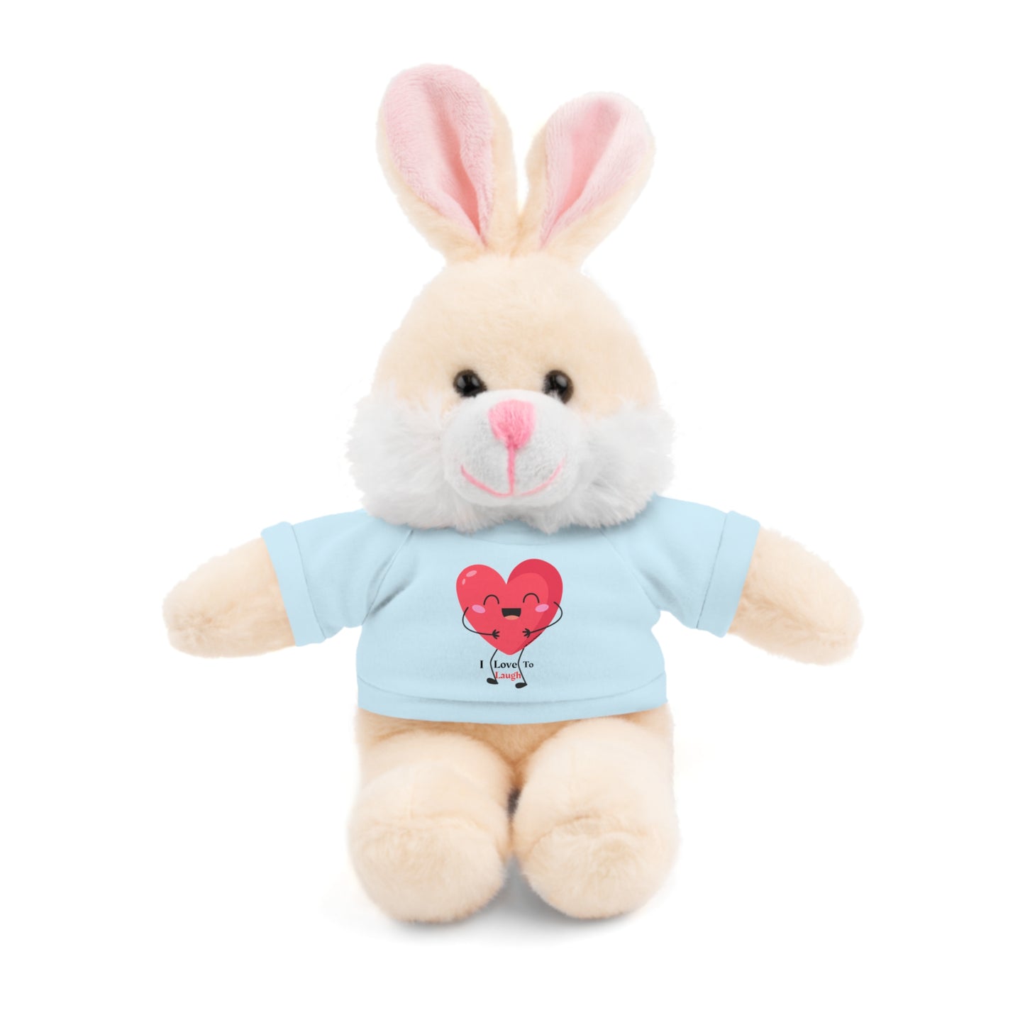 Cool Stuff Stuffies Choice of 6 Animals I Love to Laugh Heart Removable T-shirt, featuring a stuffed bunny in a shirt with a heart design.