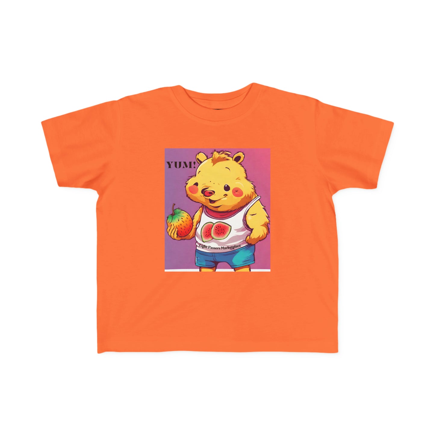 Yum Strawberries Toddler T-shirt featuring a cartoon bear holding a fruit, made of 100% soft combed cotton, light fabric, tear-away label, and a durable print.