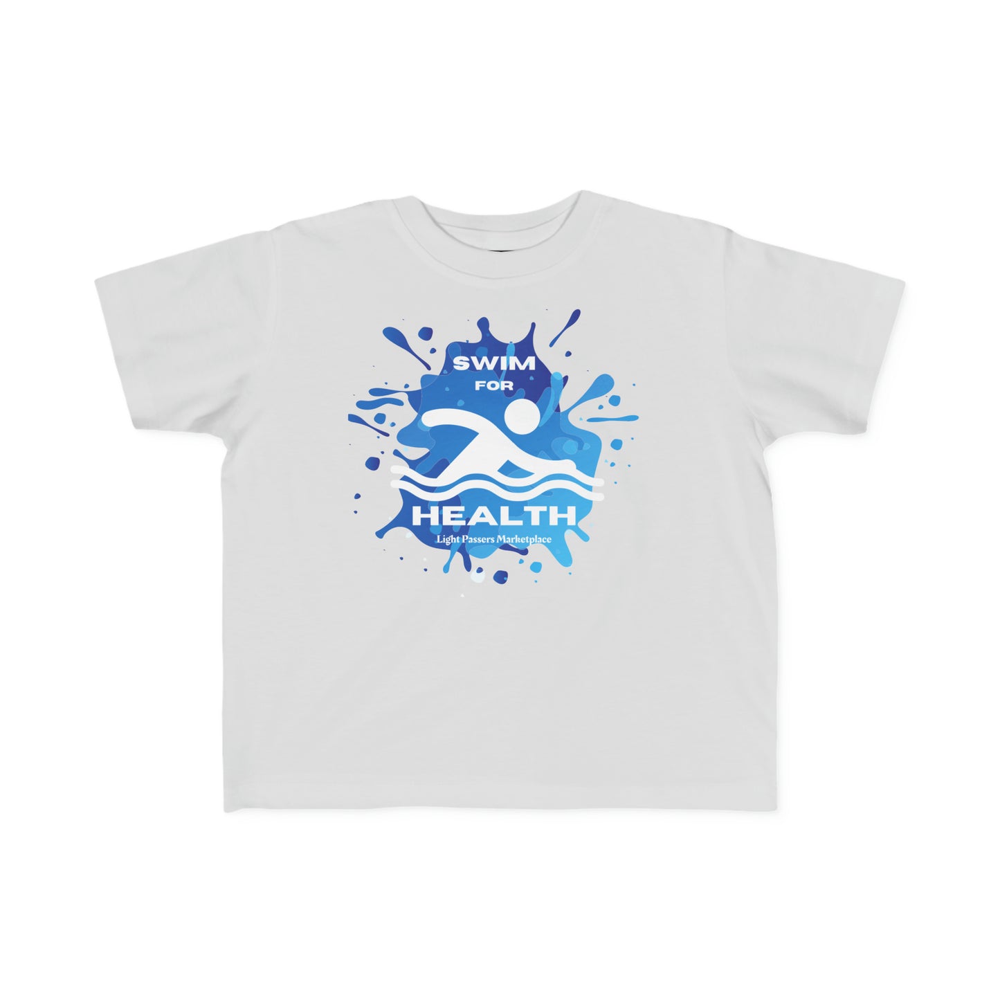 A white toddler t-shirt with a swim competition logo, made of soft 100% combed cotton. Durable print, light fabric, tear-away label, classic fit. Ideal for sensitive skin.