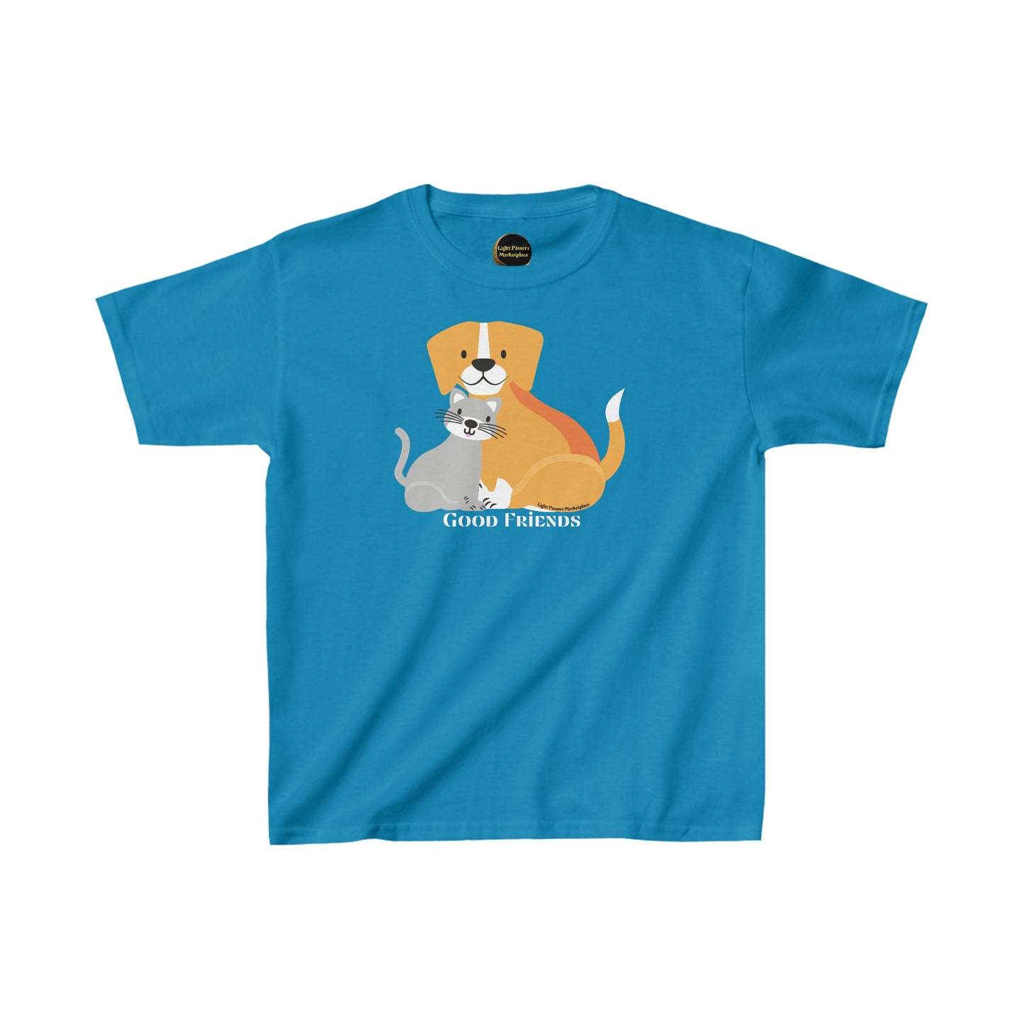 Youth cotton t-shirt featuring a cartoon cat and dog design. Made of 100% US cotton, with twill tape shoulders for durability and ribbed collar for curl resistance. Ethically produced with tear-away labels for comfort.