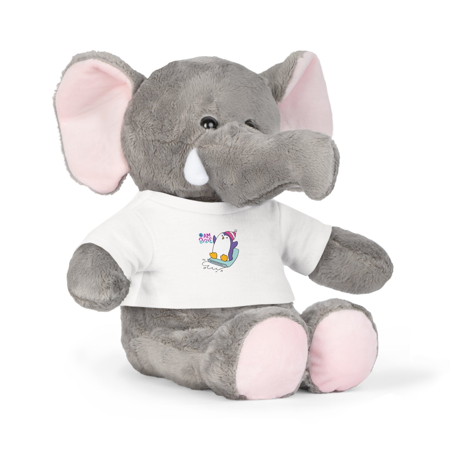 Stuffed elephant toy wearing a removable white T-shirt with 'I am Brave' Penguin design, part of Cool Stuff Stuffies collection.