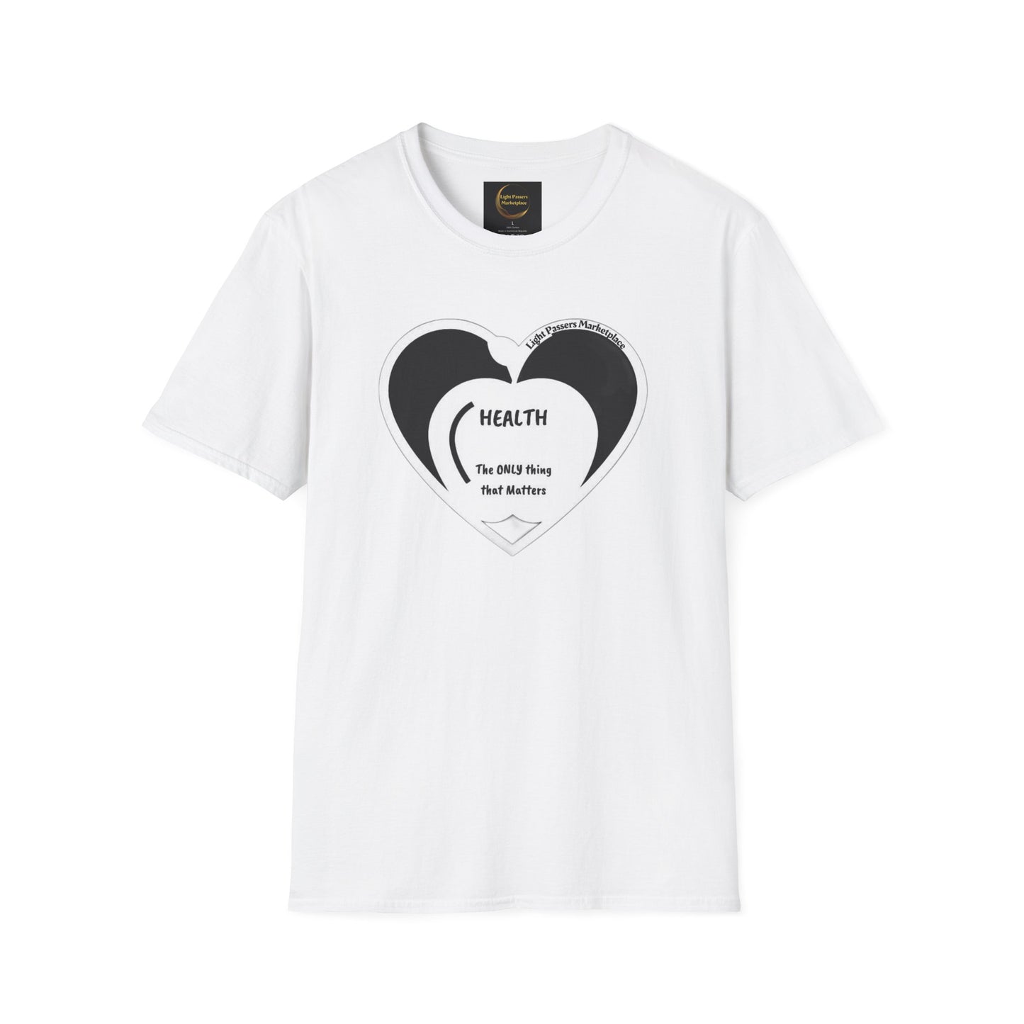 Health Happy Food Apple Adult Unisex T-Shirt featuring black heart designs on a white base, offering comfort with its soft, durable, 100% ring-spun cotton fabric.