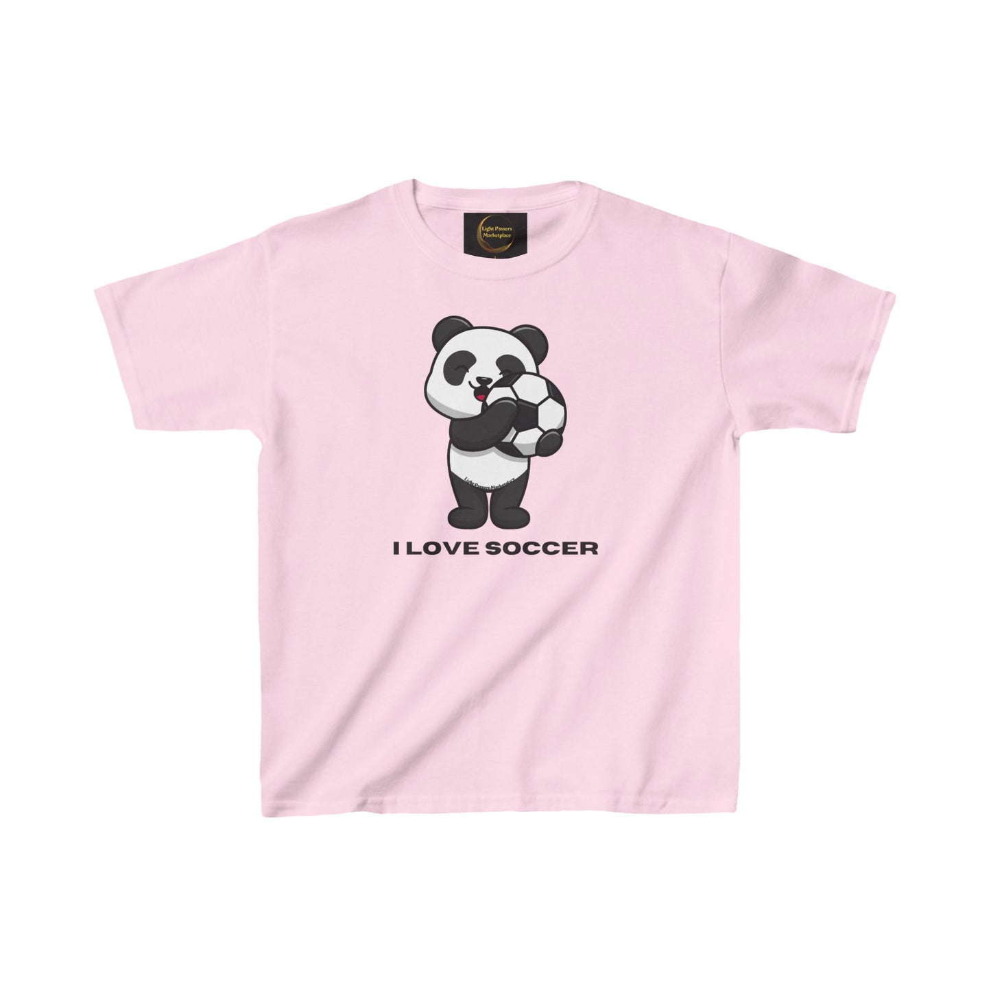 Teams Panda I Love Soccer Youth T-shirt featuring a cartoon panda holding a soccer ball, made from 100% midweight US cotton with a ribbed knit collar.
