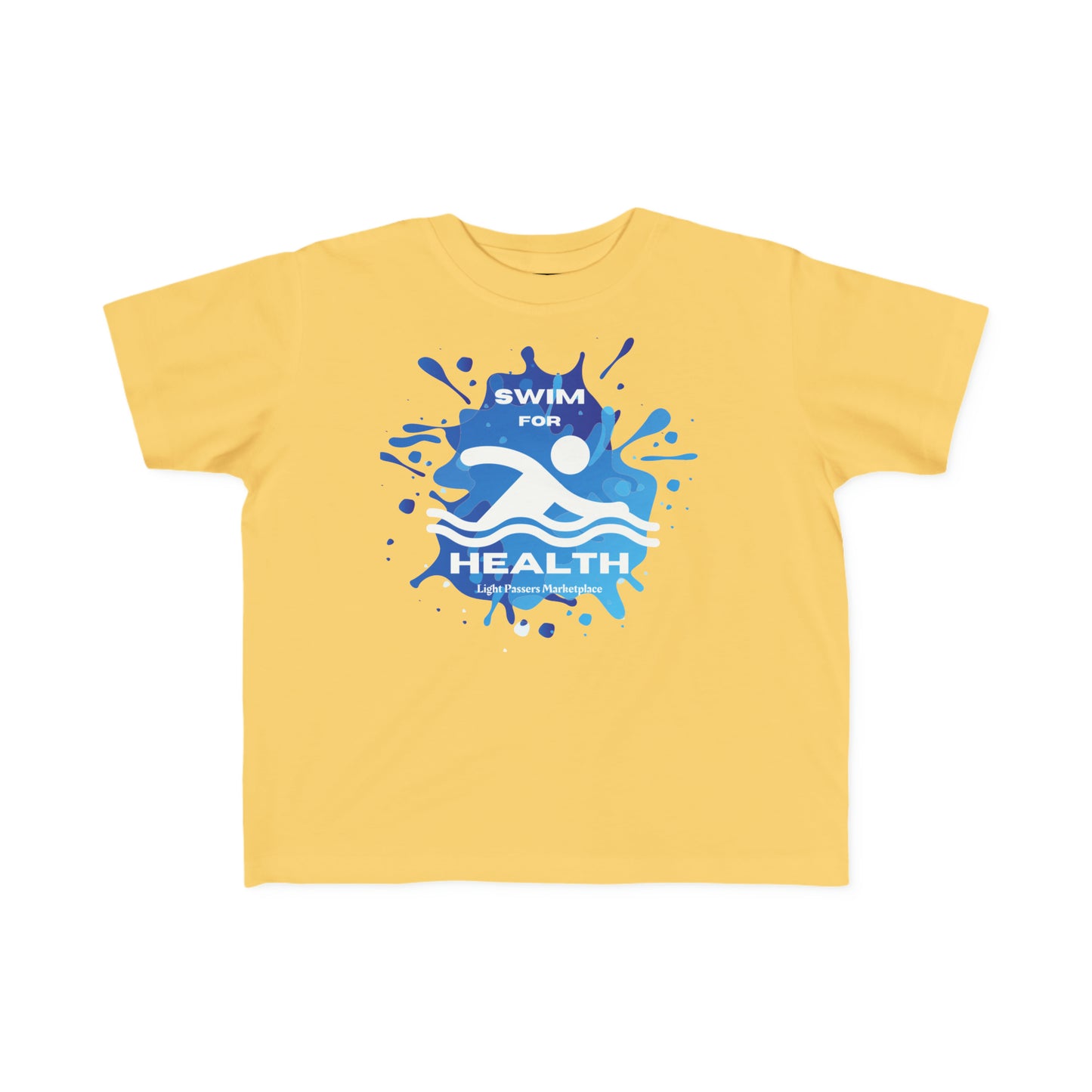 A Swim for Health Toddler T-shirt featuring a yellow tee with a blue and white design and a swimming person logo. Made of 100% soft, durable cotton for sensitive skin.