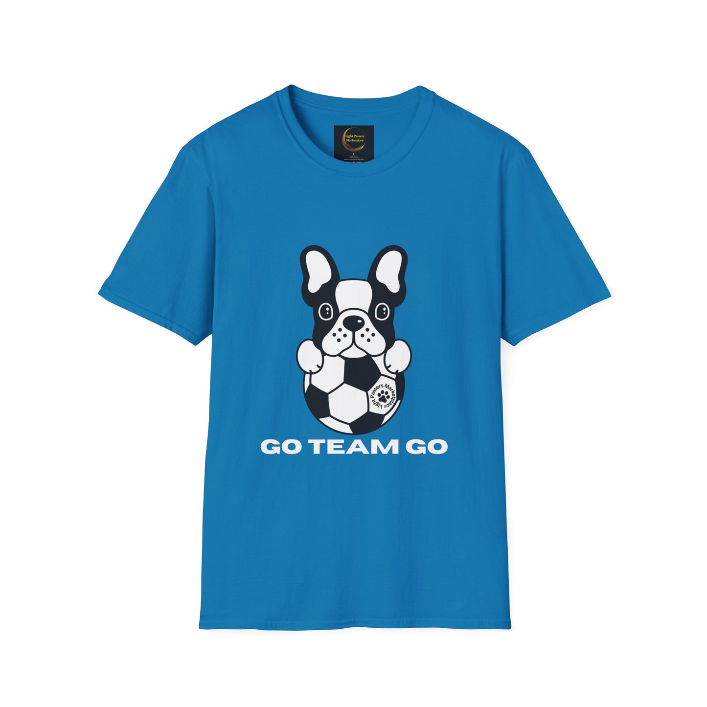 A blue unisex t-shirt featuring a cartoon dog playing soccer, made of soft 100% ring-spun cotton. Classic fit with crew neckline, tear-away label, and ethically sourced materials by Gildan.