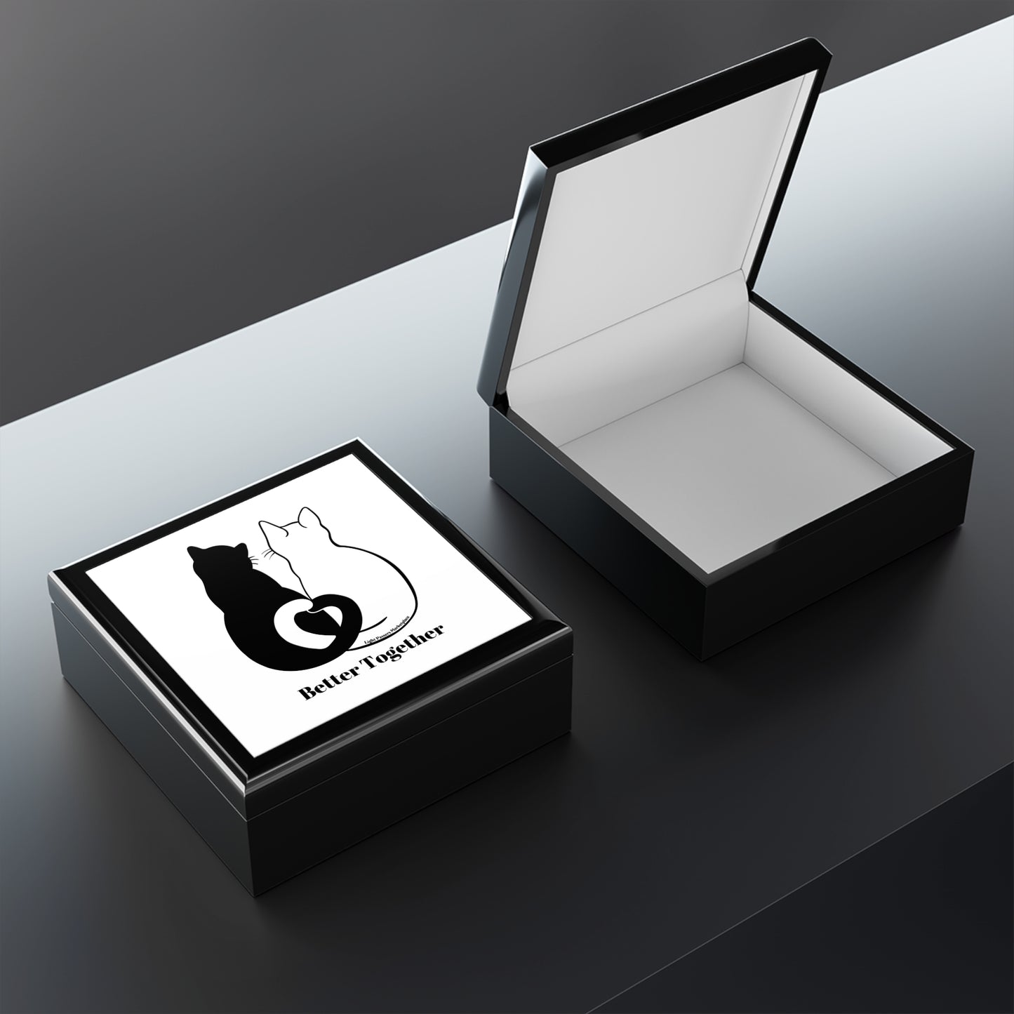 Better Together 2 Cats Love Tails Jewelry Box featuring cat images and heart design, ideal for organizing jewelry with slip-resistant base and soft felt interior.