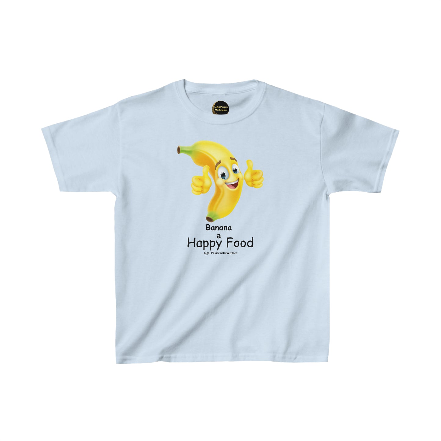 A youth t-shirt featuring a cartoon banana giving a thumbs up. Made of 100% cotton, with twill tape shoulders for durability and a curl-resistant collar. Ethically sourced US cotton.