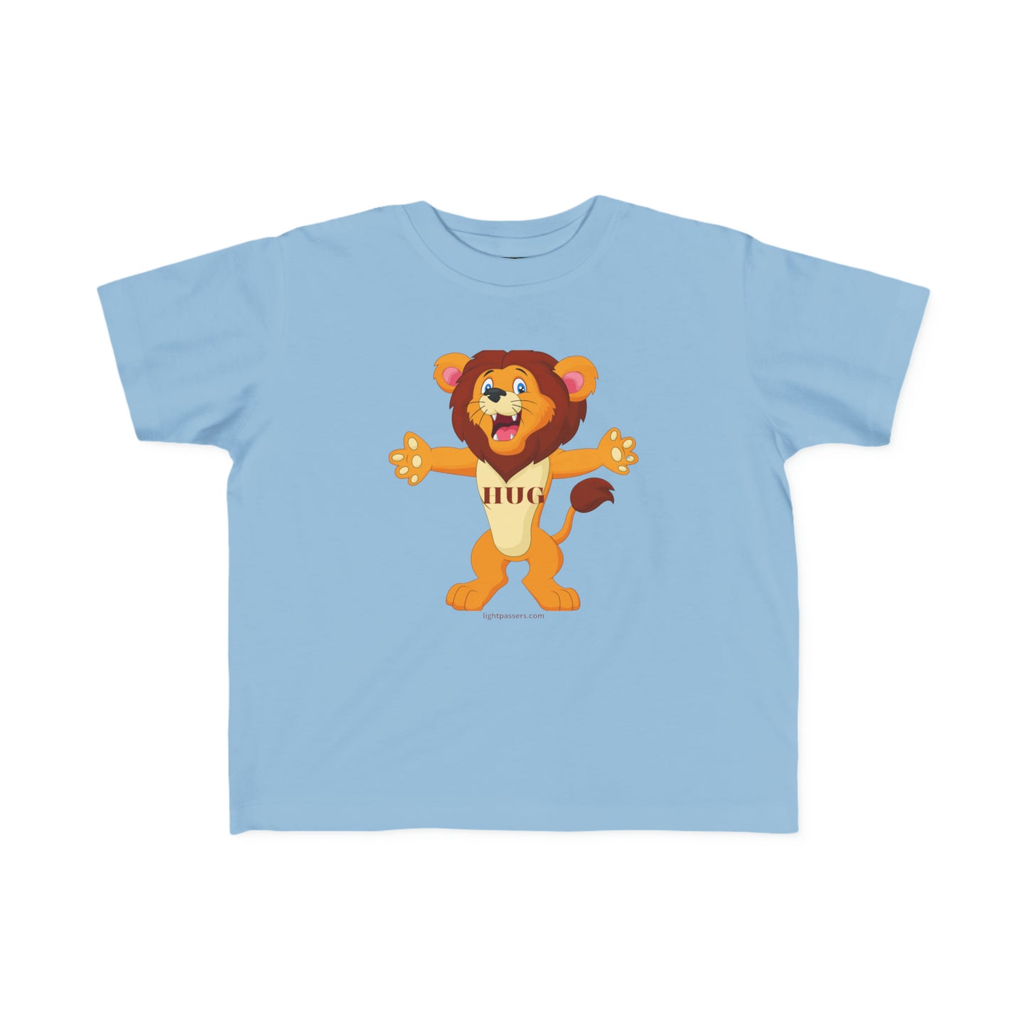 A toddler's Hug Lion T-shirt featuring a cartoon lion graphic on a blue tee. Made of 100% combed cotton, light fabric, and a tear-away label for comfort.