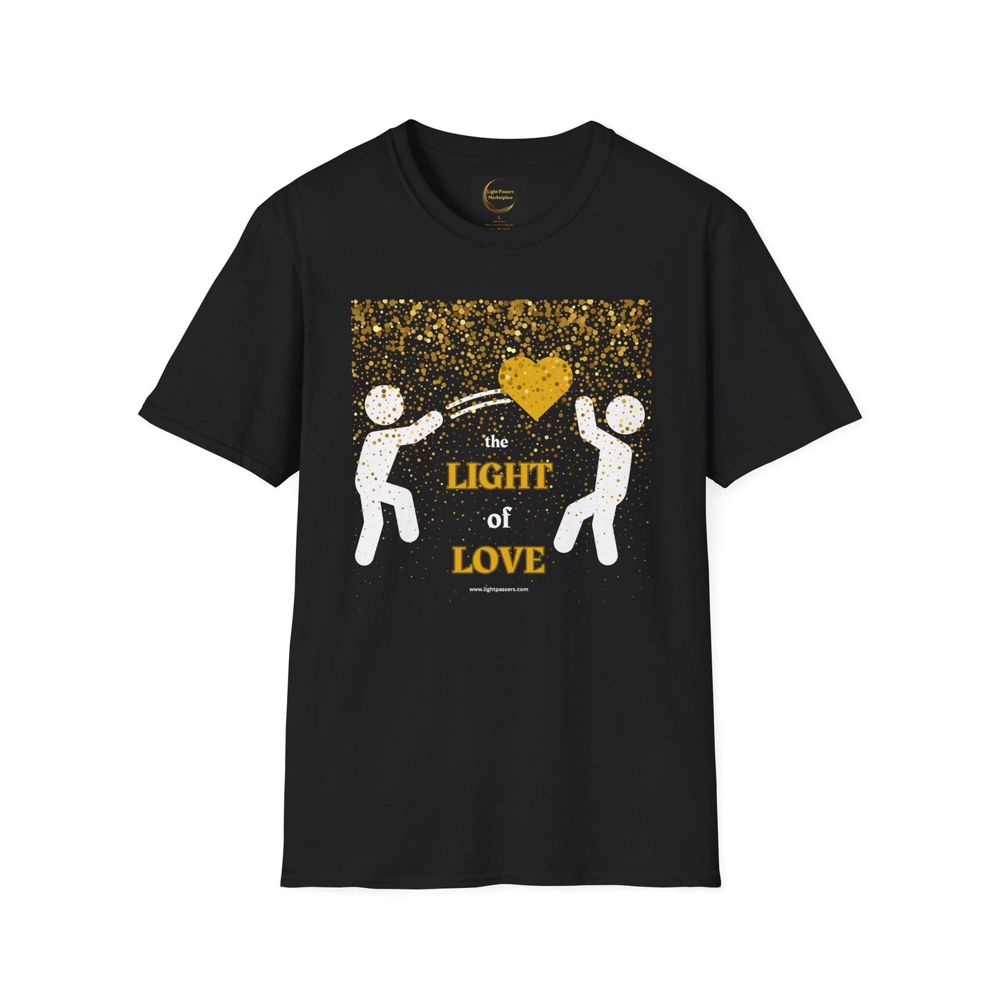 The Light Love and Peace Gold Heart Adult Unisex T-Shirt features a white figure with gold dots on a black background, combining comfort with style.