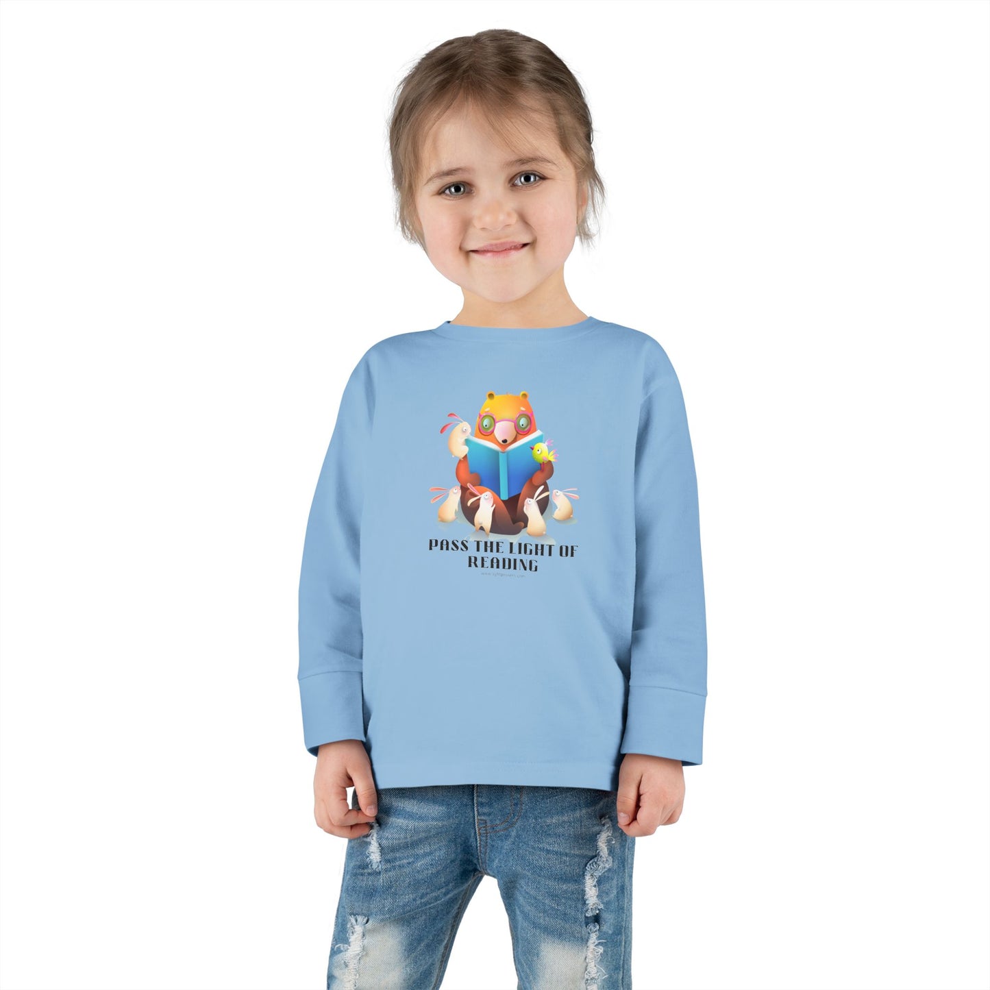 Toddler Long Sleeve Pass the Light of Reading features a cartoon bear and rabbits reading, made from soft cotton with durable stitching and EasyTear™ label.