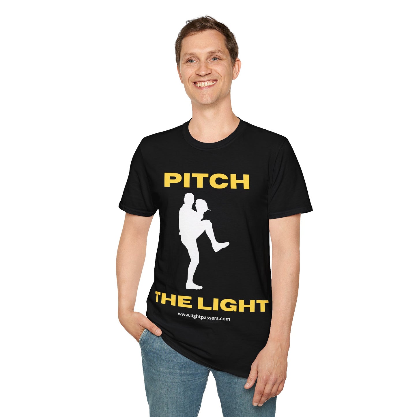 A man in a black shirt with yellow text, a white silhouette, and a baseball player graphic, showcasing the PITCH THE LIGHT unisex t-shirt. Made of soft 100% cotton, with twill tape shoulders and a ribbed collar.