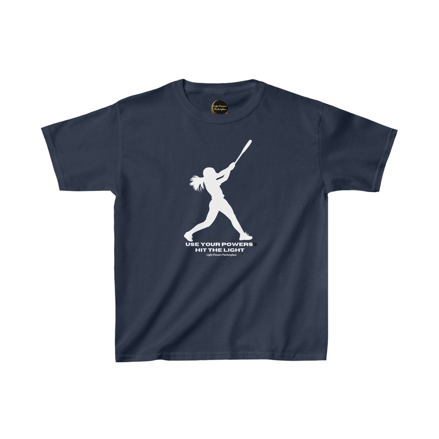 Youth blue t-shirt featuring a graphic of a girl swinging a bat. Made from 100% cotton for comfort and durability, with ribbed collar and tear-away labels for a seamless experience.