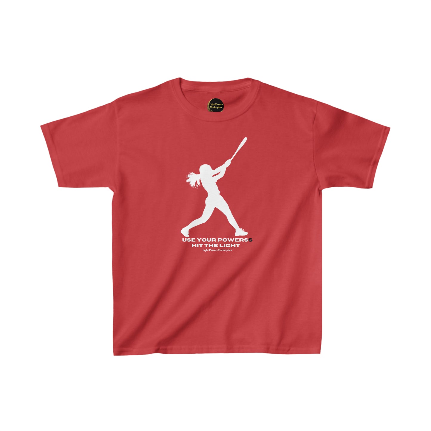 Youth red shirt with a graphic of a girl swinging a bat, made of 100% cotton for comfort and durability. Features twill tape shoulders and ribbed collar for a classic fit. Ethically sourced US cotton.