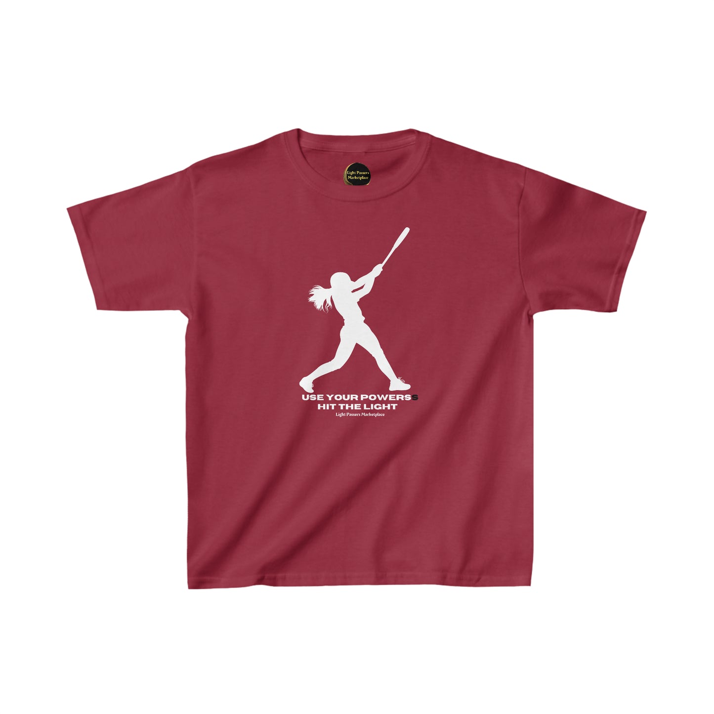 Youth heavy cotton tee featuring a red shirt with a graphic of a girl swinging a bat. Made of 100% cotton, durable twill tape shoulders, and ribbed collar for curl resistance. Ethically sourced US cotton.
