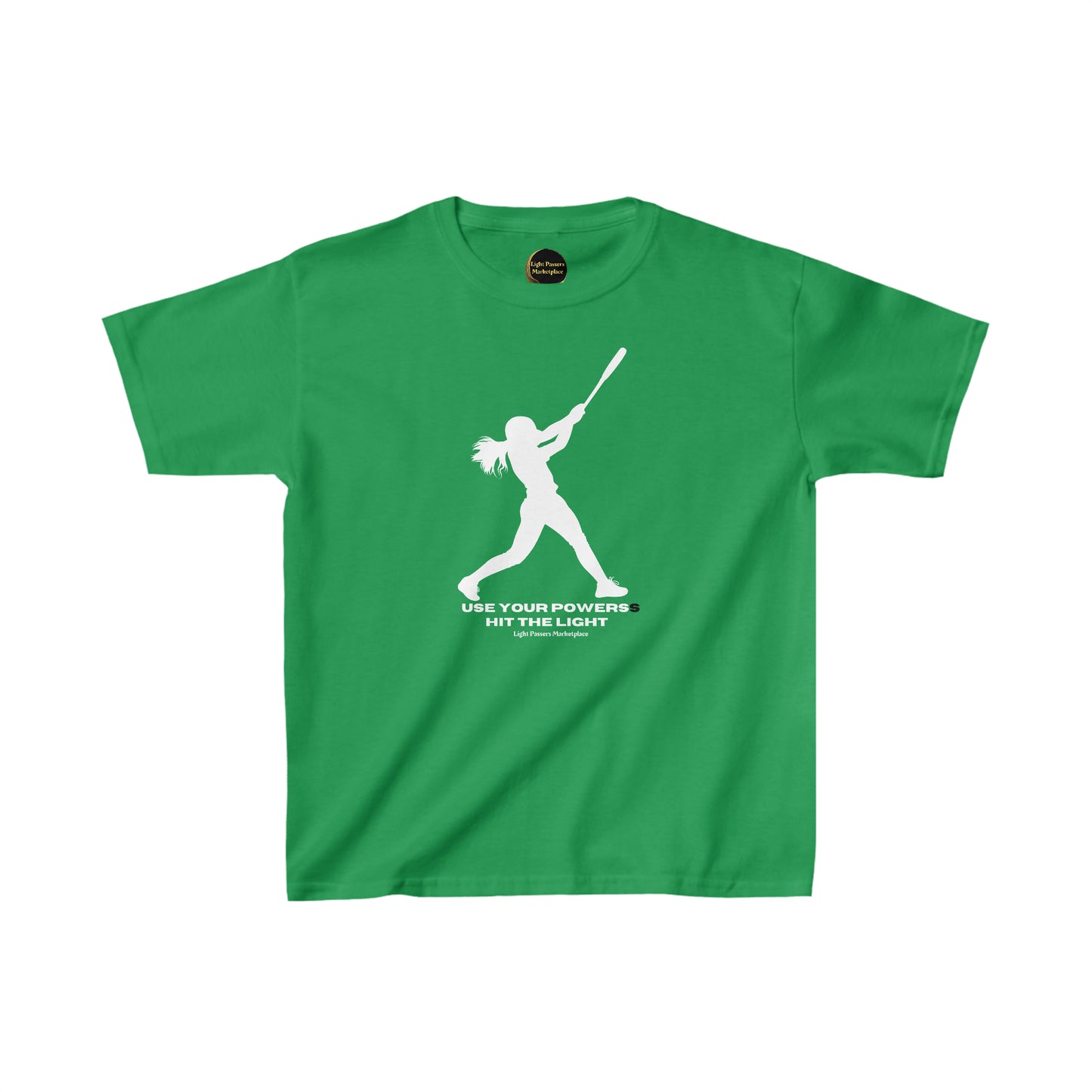 A green youth tee featuring a white silhouette of a girl swinging a bat. Made of 100% cotton, with twill tape shoulders and ribbed collar for durability. Ethically sourced US cotton.