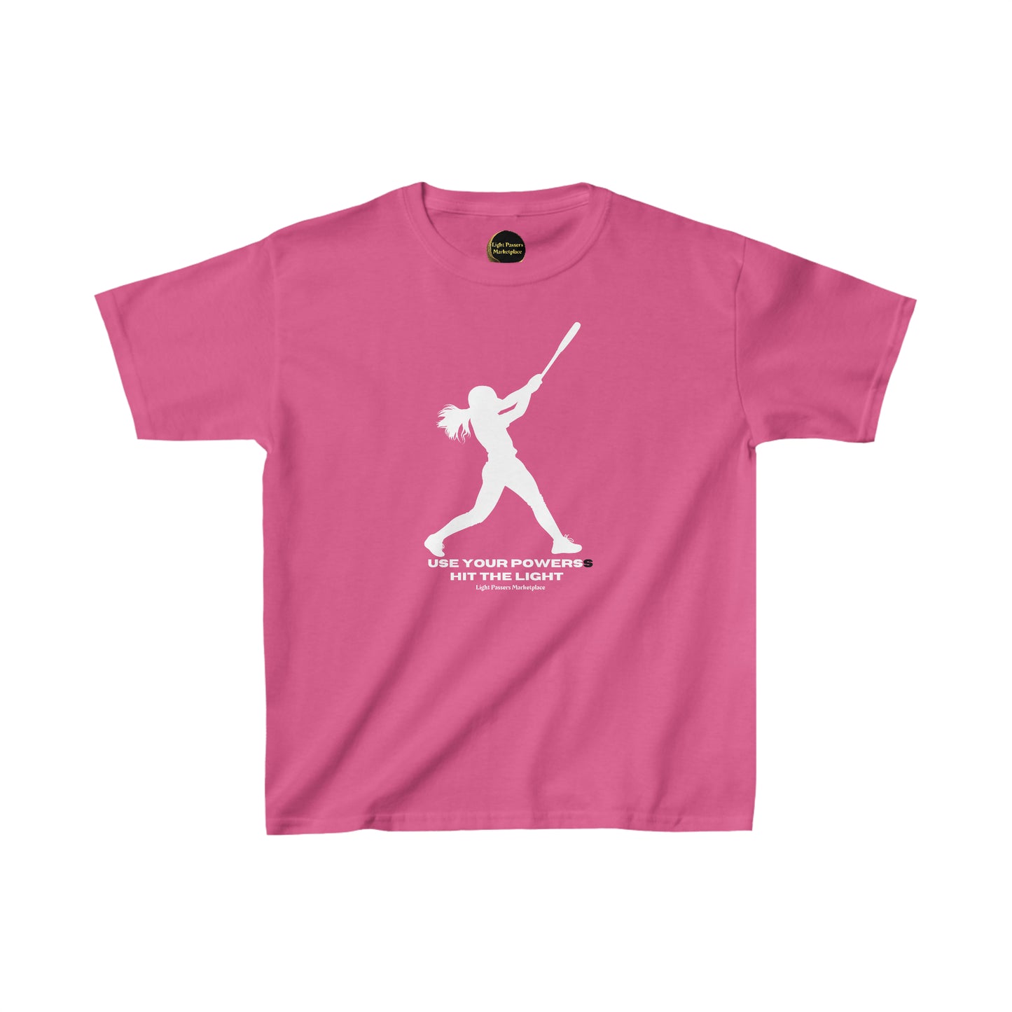 Youth pink shirt featuring a girl swinging a bat design. 100% cotton tee with twill tape shoulders for durability, curl-resistant collar, and no side seams. Ethically made with US cotton.