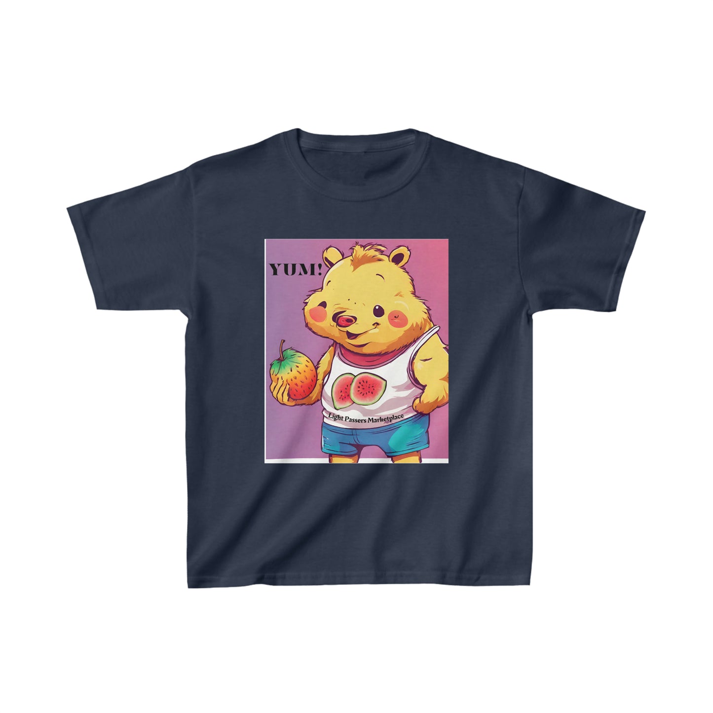 A youth t-shirt featuring a cartoon bear holding a fruit, ideal for daily wear. Made of 100% cotton with twill tape shoulders for durability and a curl-resistant collar. Ethically sourced US cotton.