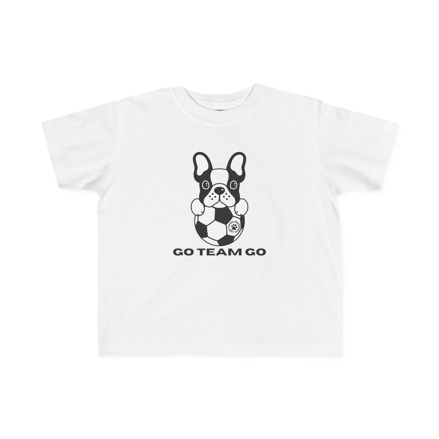 A toddler's white tee featuring a dog with a football, crafted from soft 100% combed cotton. Durable print, light fabric, tear-away label, classic fit, true to size.