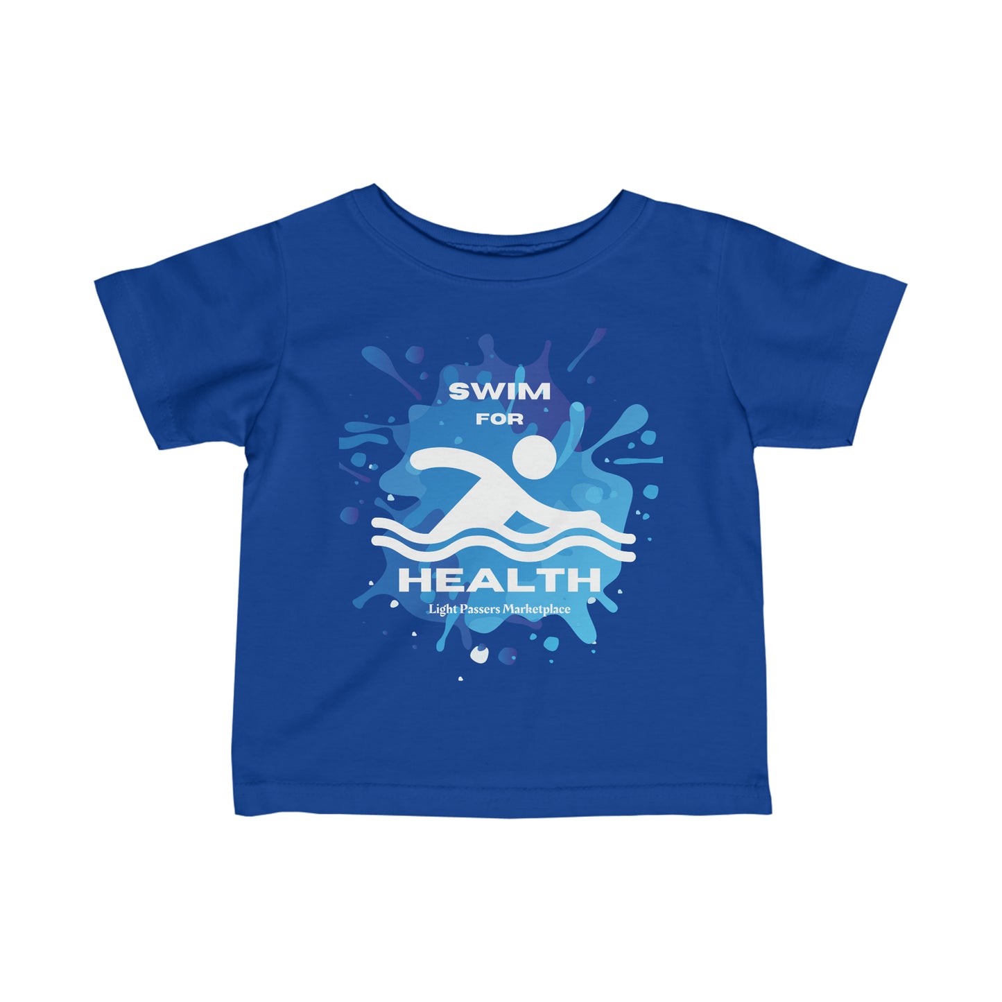 Infant fine jersey tee with a blue logo, side seams for shape support, ribbed knitting for durability, and taped shoulders for a breezy fit. Swim for Health Baby T-shirts.