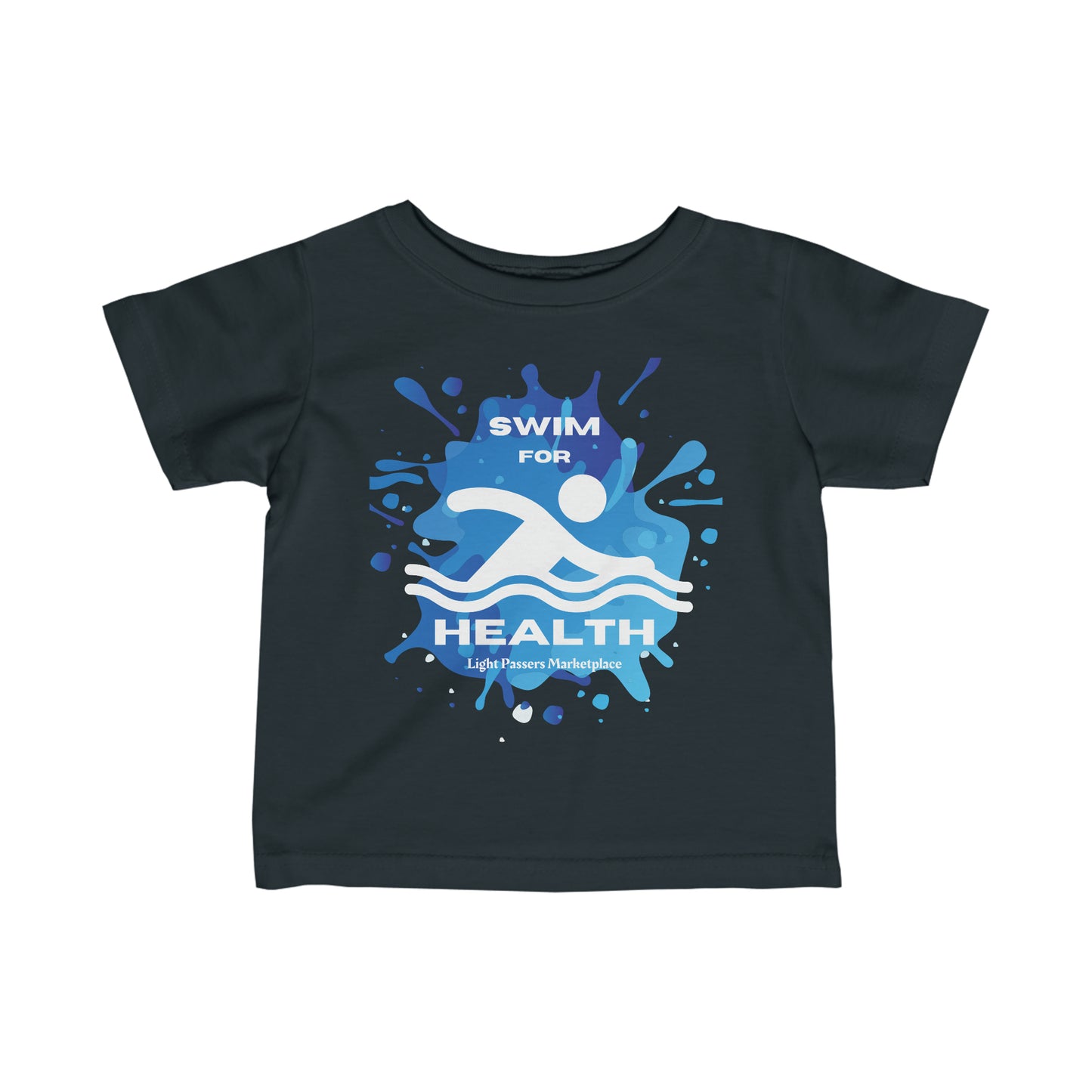 Infant fine jersey tee with swim competition logo, side seams for shape support, ribbed knitting for durability, and taped shoulders for a breezy fit.