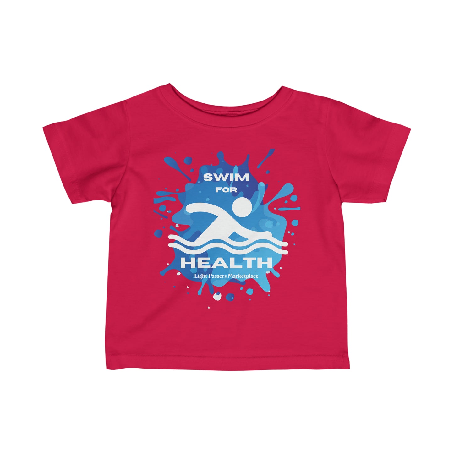Infant fine jersey tee with logo, side seams for shape support, ribbed knitting for durability, and taped shoulders for a breezy fit. Swim for Health Baby T-shirts.