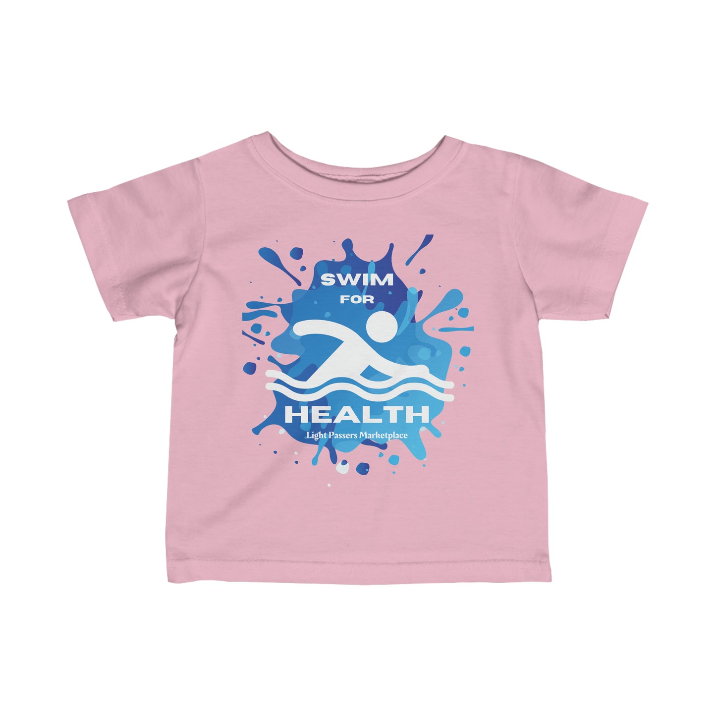 Infant fine jersey tee with a pink shirt featuring a logo, side seams for shape support, ribbed knitting for durability, and taped shoulders for a breezy fit. Swim for Health Baby T-shirts.