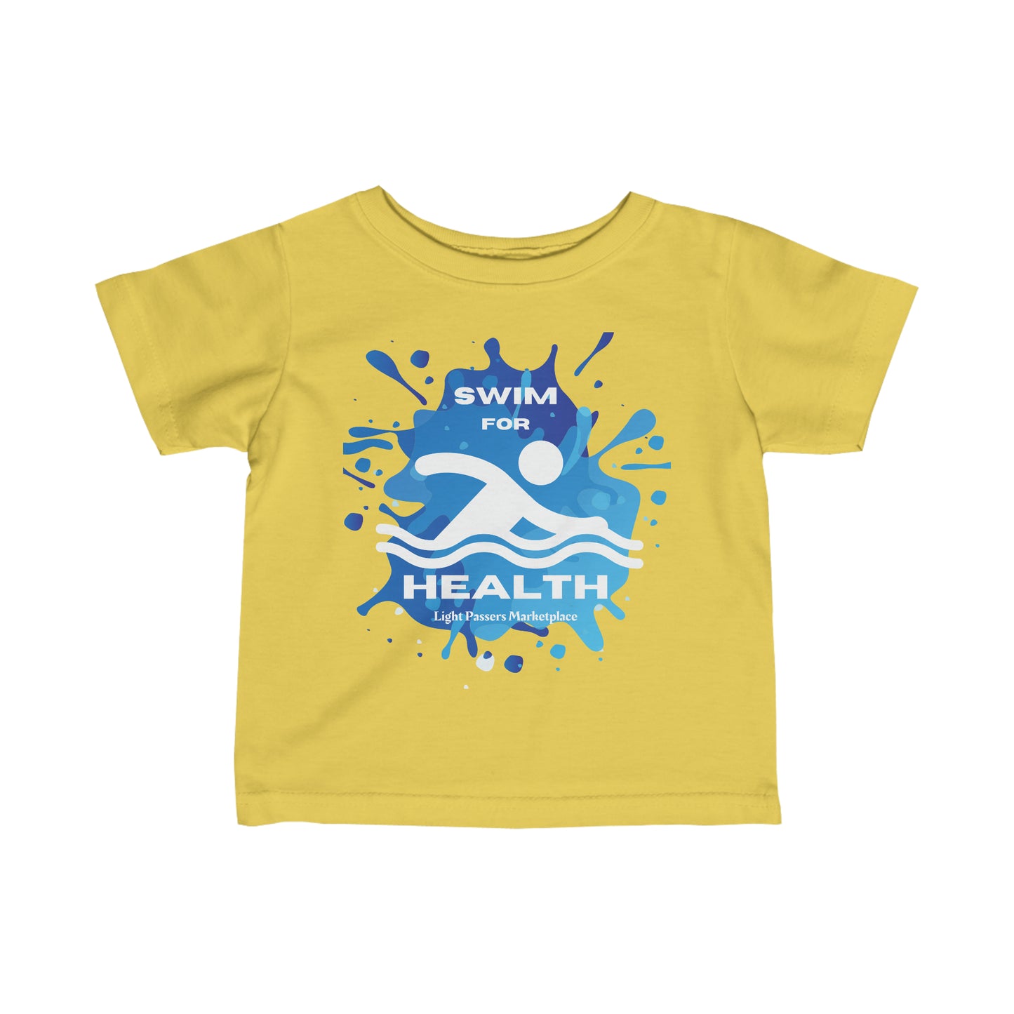 Infant fine jersey tee with logo, side seams for shape support, ribbed knitting for durability, and taped shoulders for a breezy fit. Swim for Health Baby T-shirts.