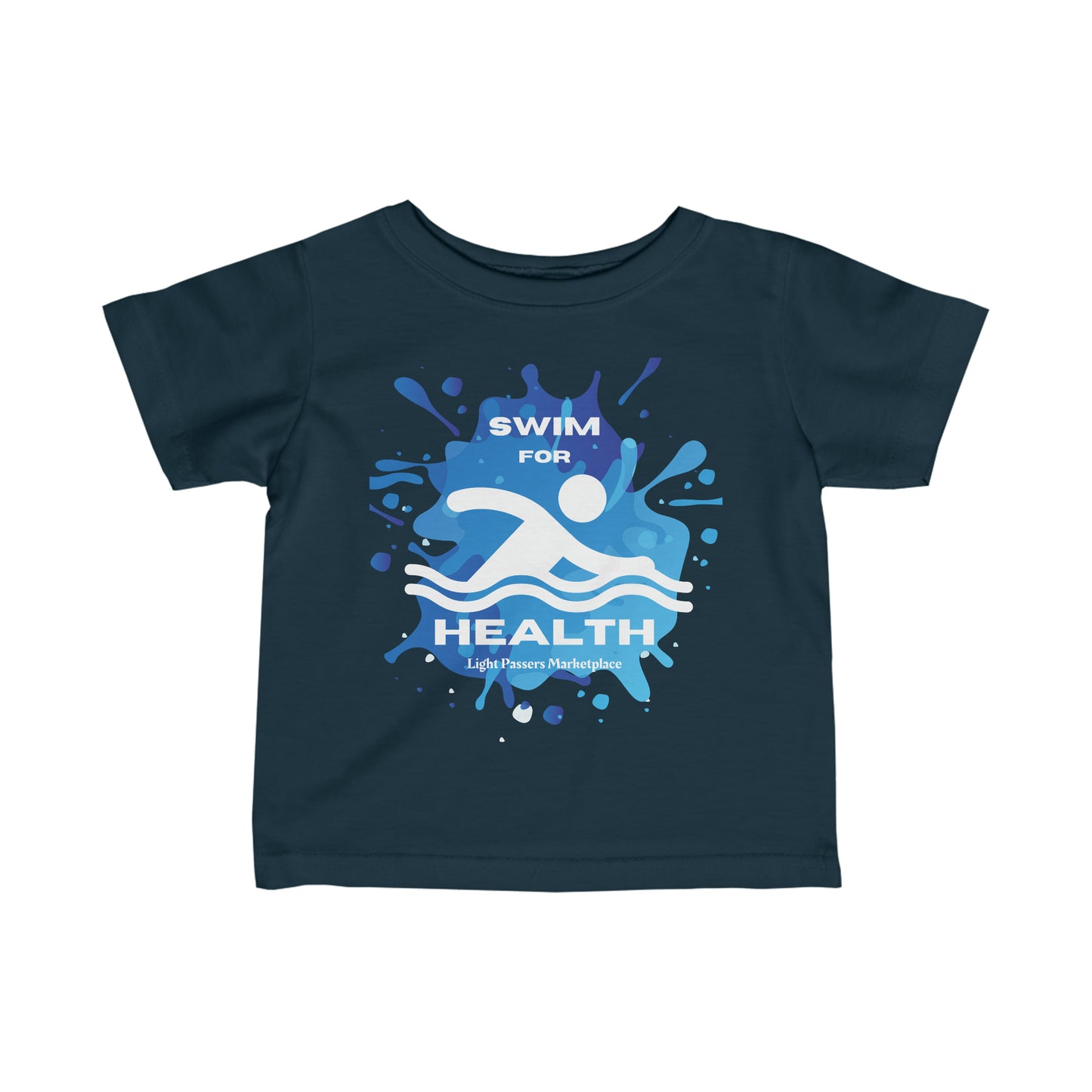 Infant fine jersey tee with Swim for Health Baby T-shirts logo, side seams, ribbed knitting, and taped shoulders for durability and comfort. Classic fit, 100% combed ringspun cotton.