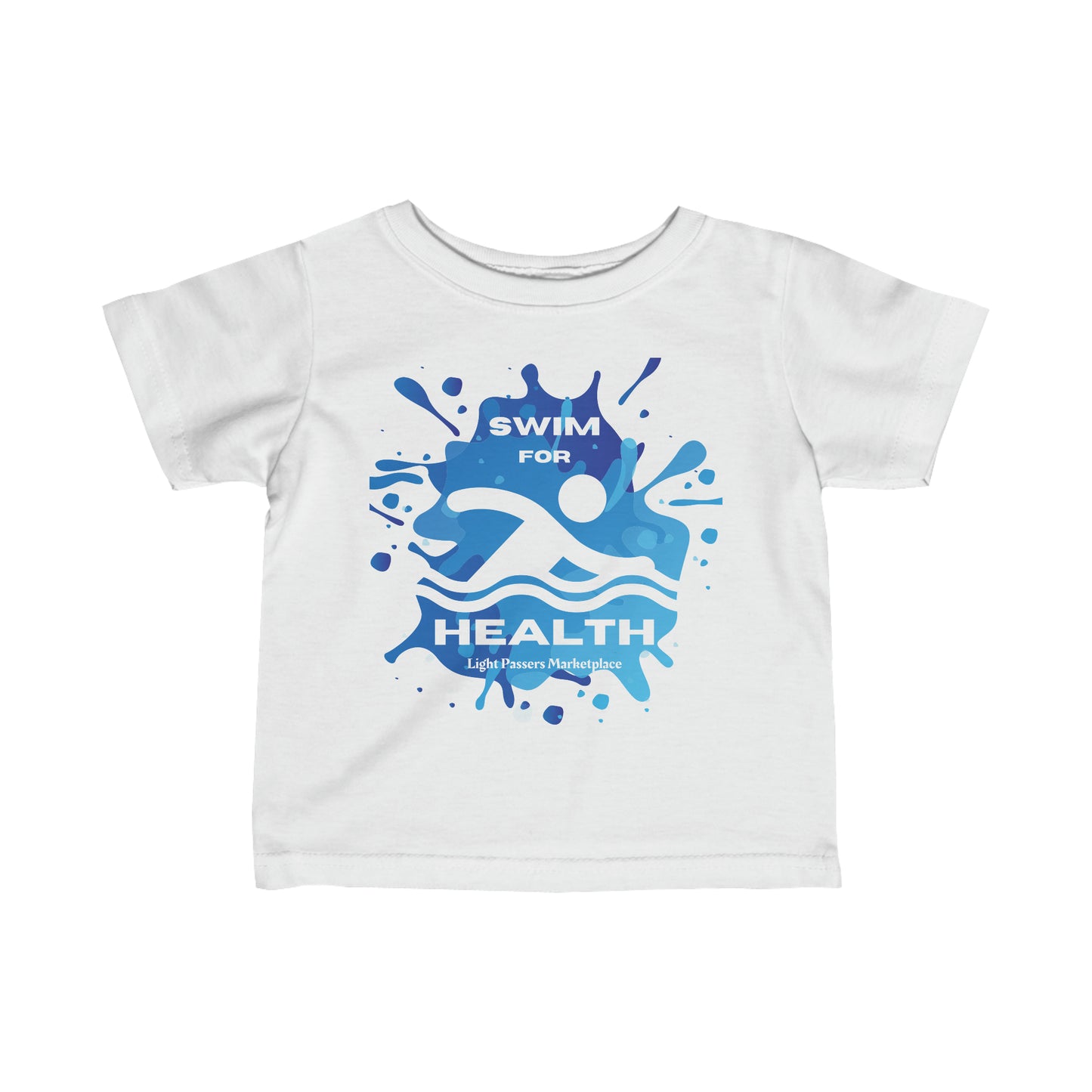 Infant fine jersey tee with blue paint splashes, logo detail, and durable construction. Side seams, ribbed knitting, and taped shoulders for comfort. 100% Combed ringspun cotton. Swim for Health Baby T-shirts.