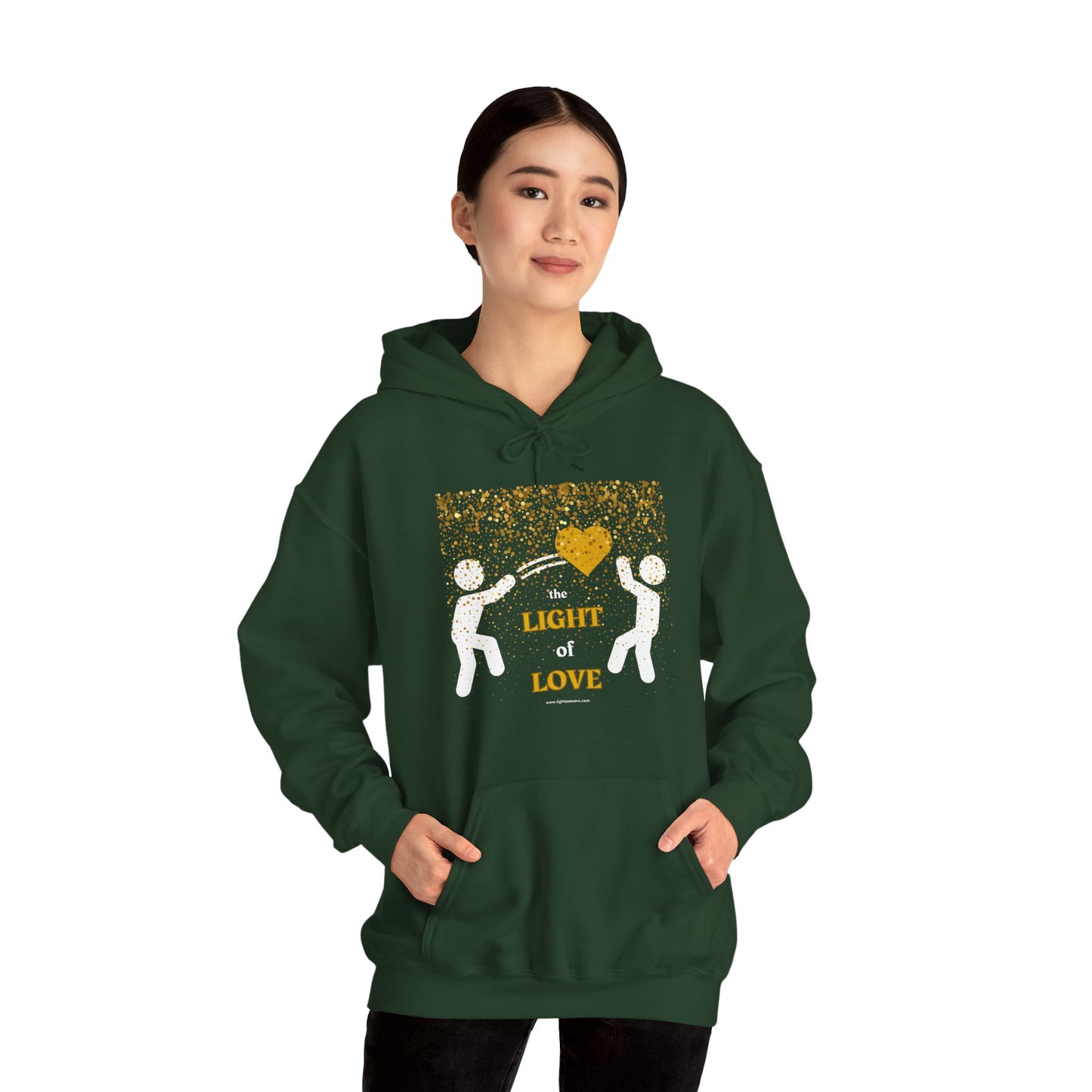 A unisex hooded sweatshirt featuring a green shirt with white figures and gold dots, a yellow heart design, and a cozy cotton-polyester blend for warmth and comfort.