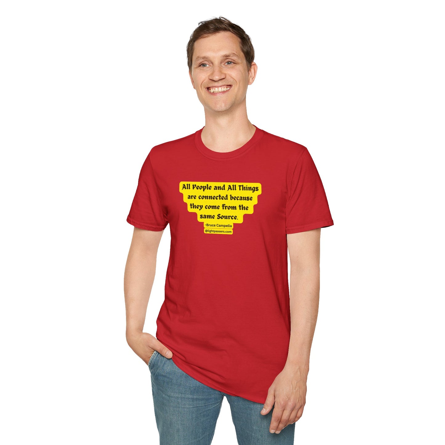 A man in a red shirt smiles, showcasing the All People are Connected Yellow design Unisex T-shirt. Classic fit, 100% cotton tee with no side seams for comfort.