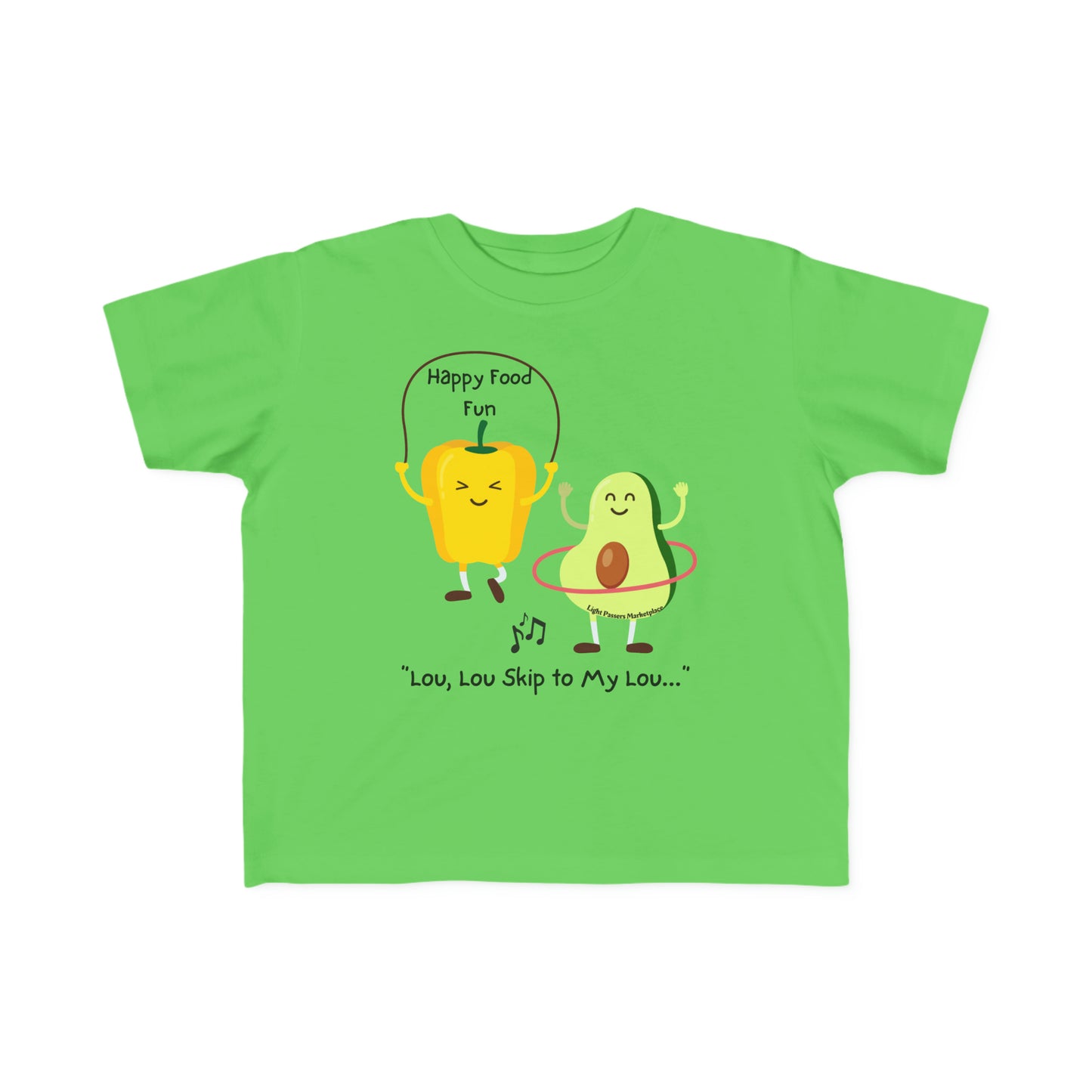 A Skip To My Lou Toddler T-shirt featuring cartoon vegetables and characters, perfect for sensitive skin. Made of 100% combed, ring-spun cotton with a durable print. Classic fit, light fabric.