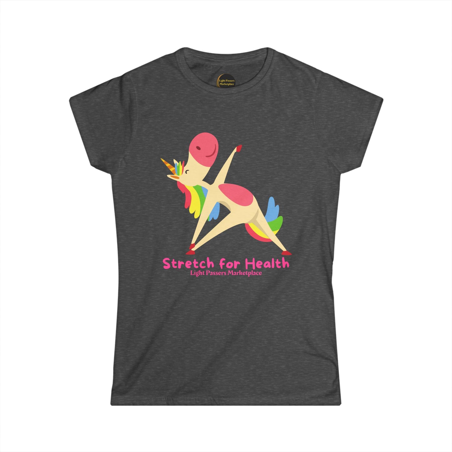Women’s Tee - Magical Unicorn Stretch for Health, featuring a vibrant unicorn in yoga pose with “Stretch for Health” slogan. Perfect for yoga or casual wear.