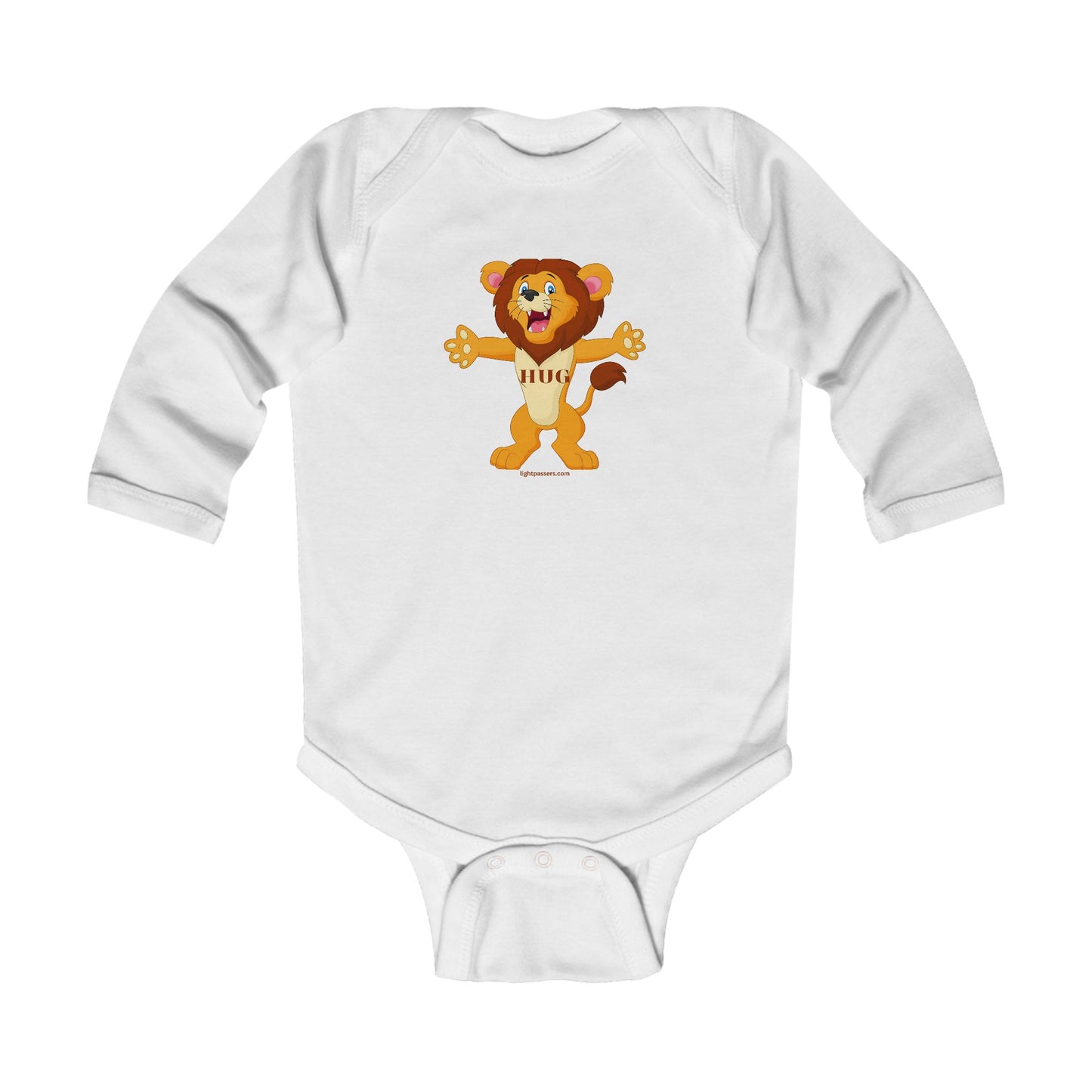 Lion Hug Baby Infant Long Sleeve Onesie Bodysuit featuring a cartoon lion design, offering softness with 100% cotton and snap closures for easy changing.