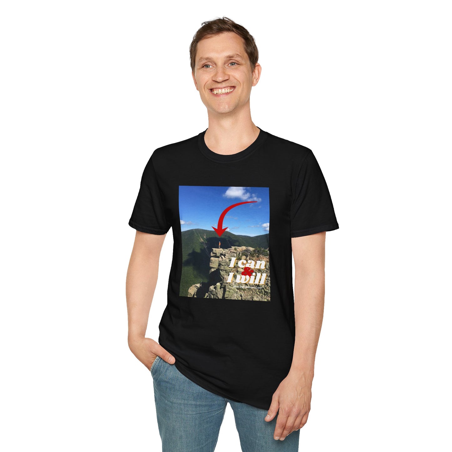 A person in a black shirt stands confidently on a rock, embodying the spirit of Hiking I Can and I Will Unisex T-Shirt. Made of soft, durable cotton with a classic fit and ribbed collar.
