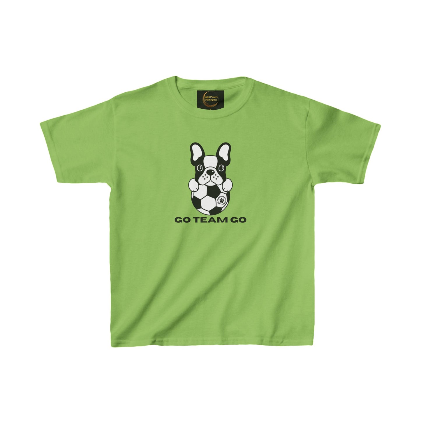 Teams Soccer Dog Go Team Go Youth T-shirt featuring a black and white dog with a soccer ball, perfect for young soccer fans.