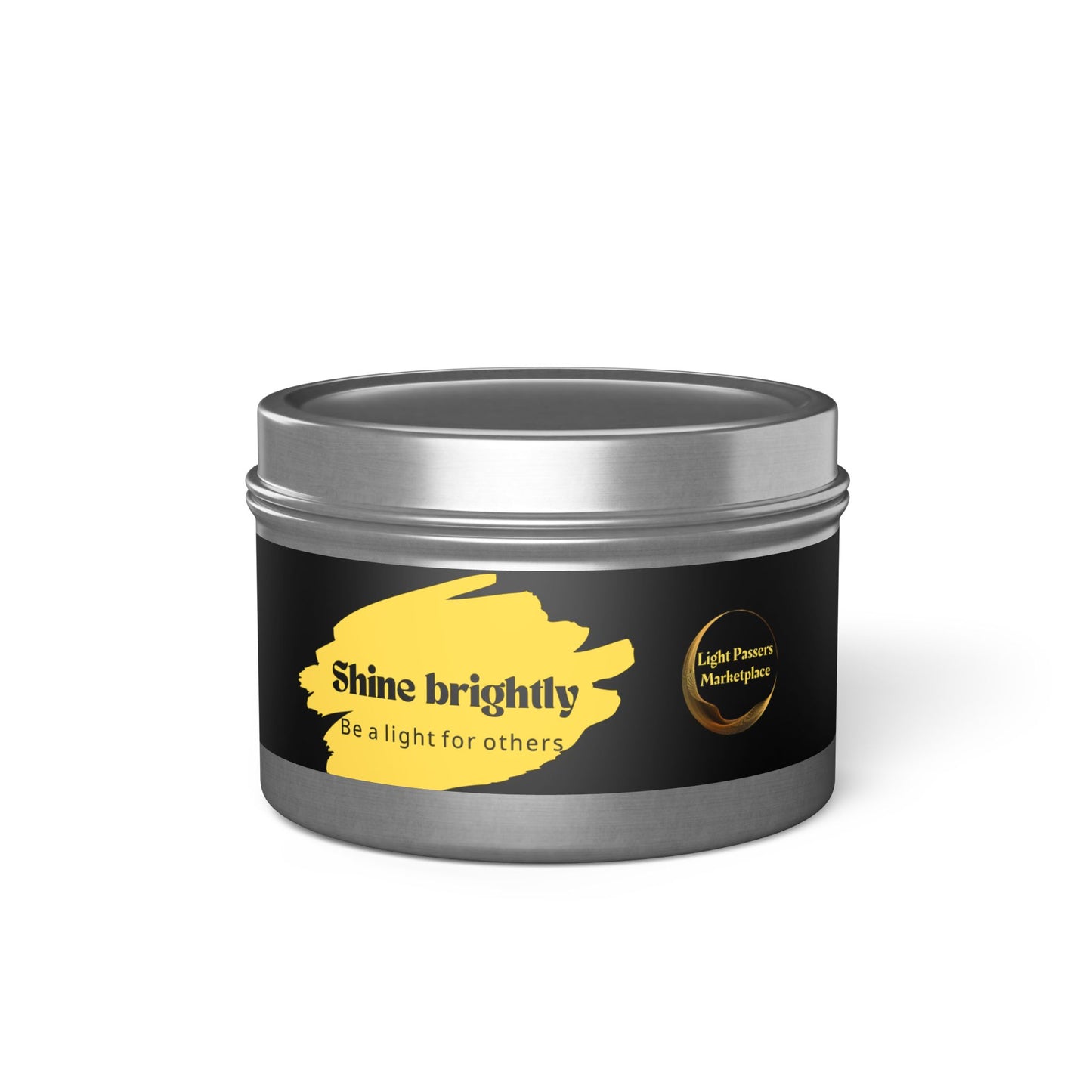 Tin Candle Holder with Shine Brightly message, showcasing a reusable round metal container with a black label, ideal for creating a cozy ambiance.