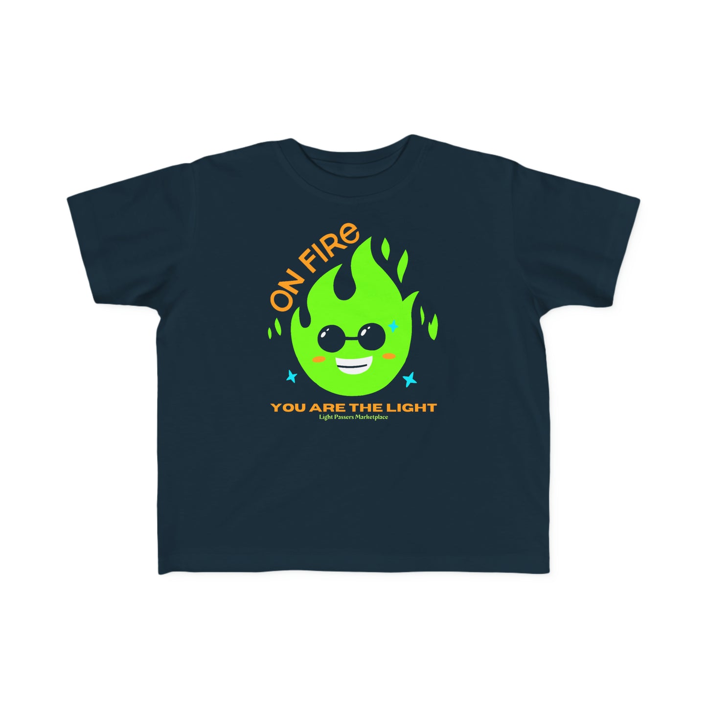 A toddler's tee featuring a green fire design with sunglasses, embodying a playful and vibrant style. Made of soft, durable 100% combed cotton for sensitive skin.