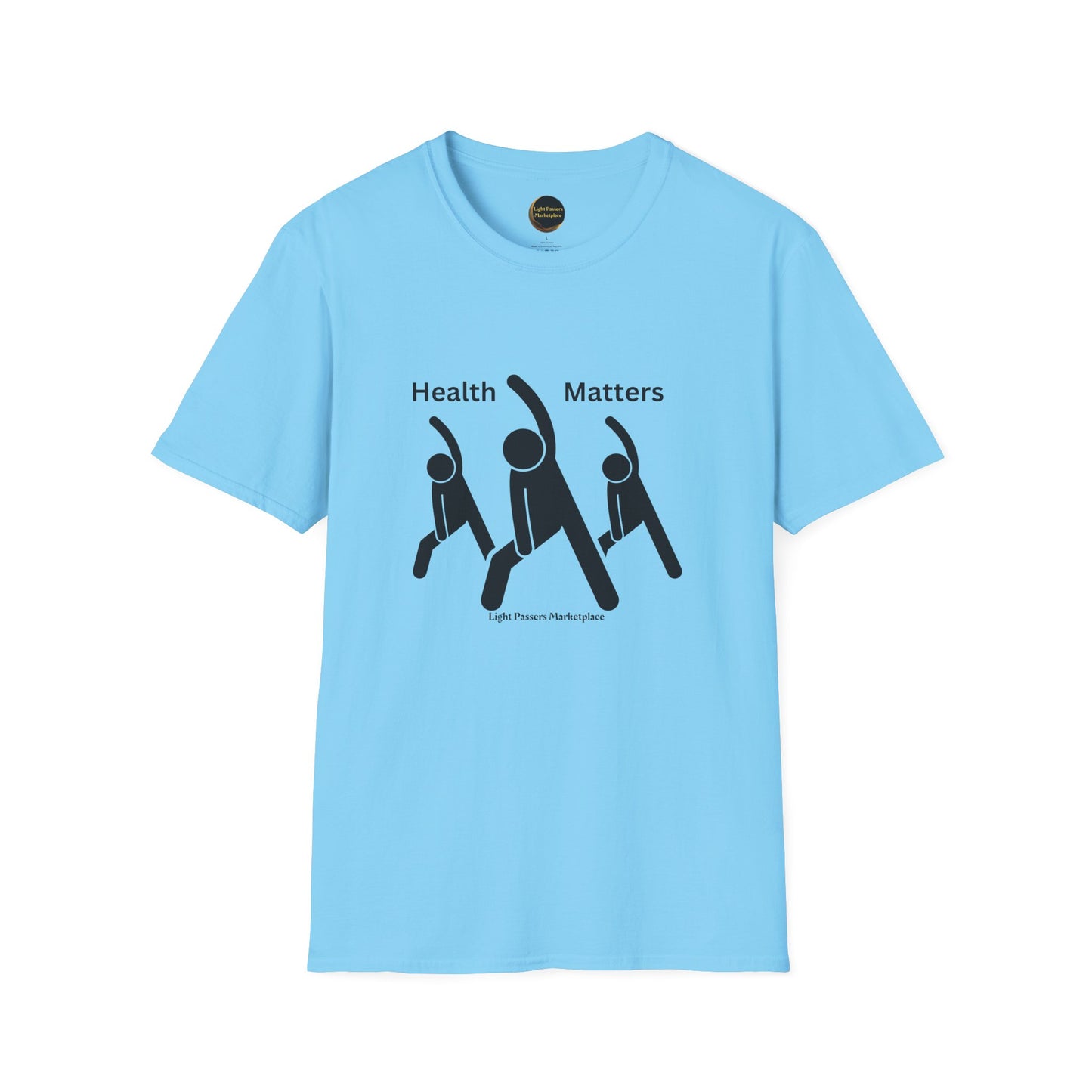 A blue t-shirt featuring black and white images of people stretching. Unisex soft-style tee made from 100% ring-spun cotton, lightweight and durable with ribbed collar and tear-away label. Ethically sourced and Oeko-Tex certified.