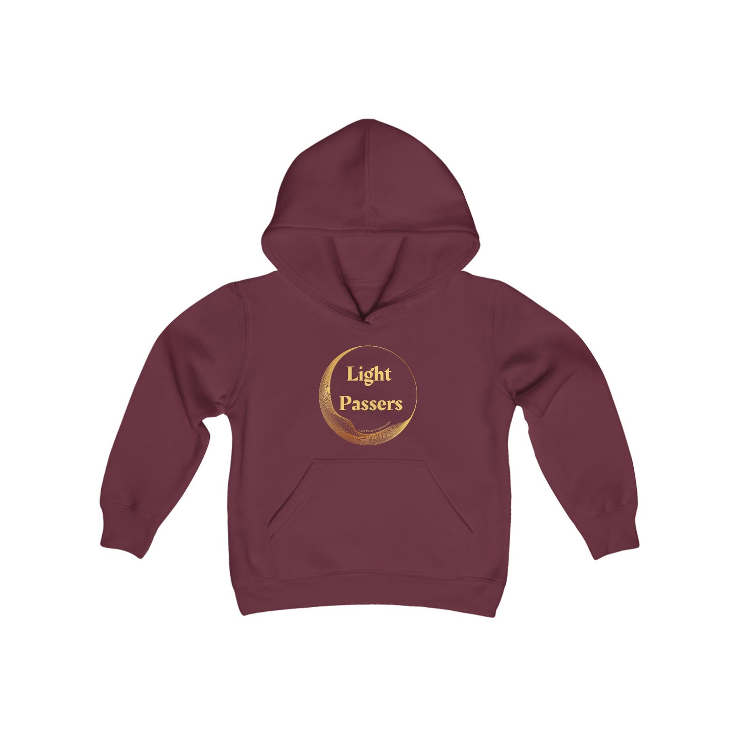 A maroon youth blend hooded sweatshirt with a logo, kangaroo pocket, and reinforced neck. Made of soft, preshrunk fleece (50% cotton, 50% polyester). Medium fabric, regular fit, true to size.