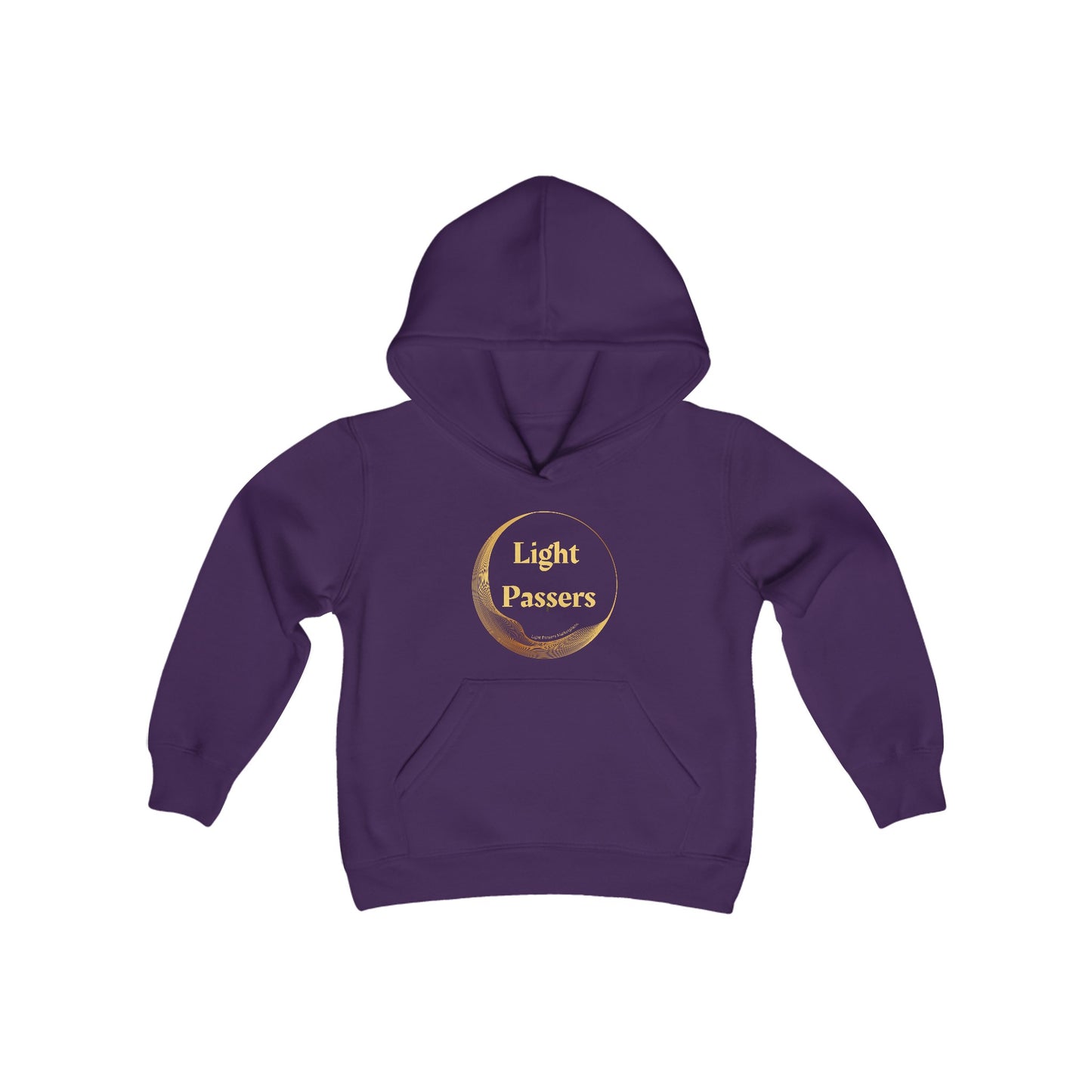 A purple youth blend hooded sweatshirt with a yellow logo, kangaroo pocket, and reinforced neck. Made of 50% cotton, 50% polyester for a soft feel.