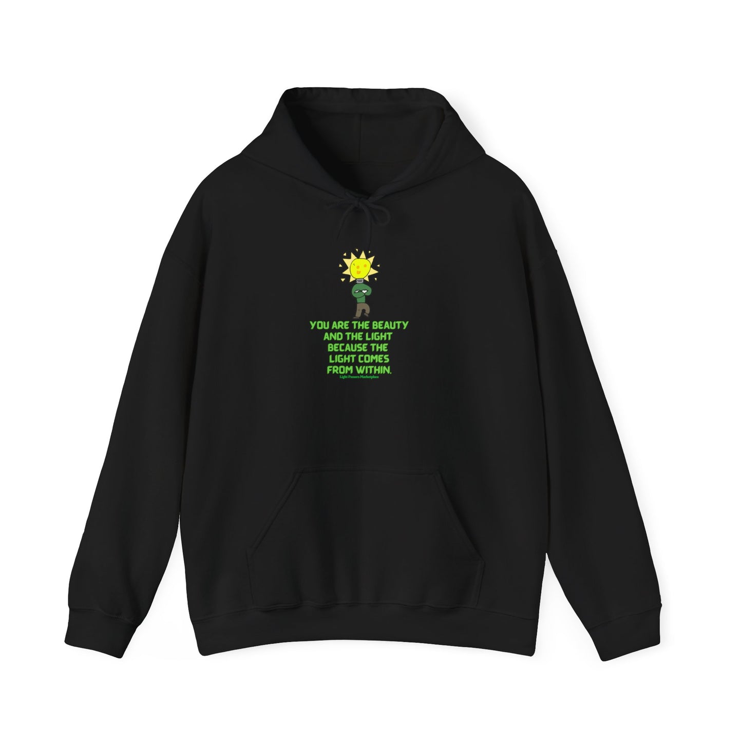 The Light You are the Beauty Flower Adult Unisex Hoodie featuring a yellow sun and green text on a black sweatshirt with a kangaroo pocket and drawstring hood.